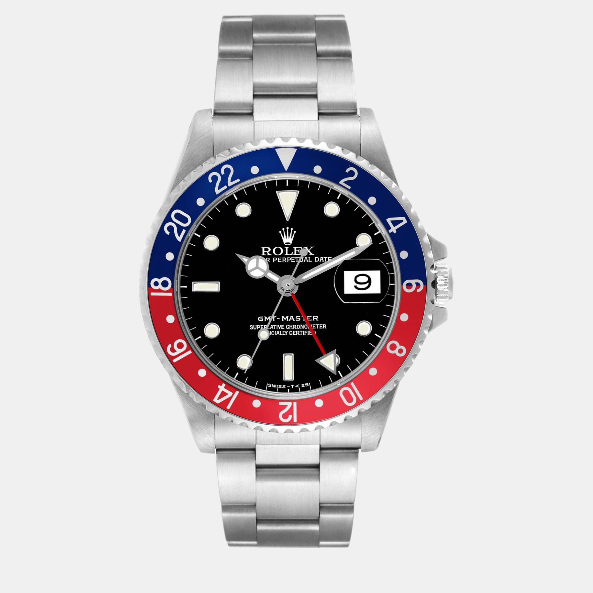 

Rolex GMT Master  Blue Red Pepsi Bezel Steel Mens Watch 16700, Black
