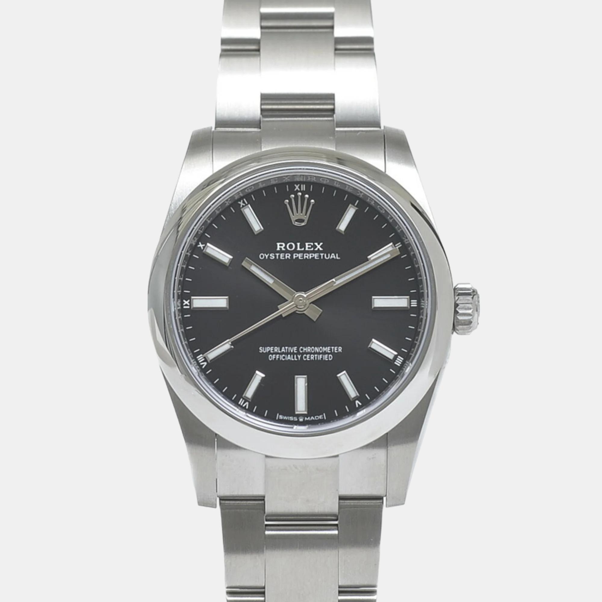 Pre-owned Rolex Black Stainless Steel Oyster Perpetual 124200 Automatic Men's Wristwatch 34 Mm