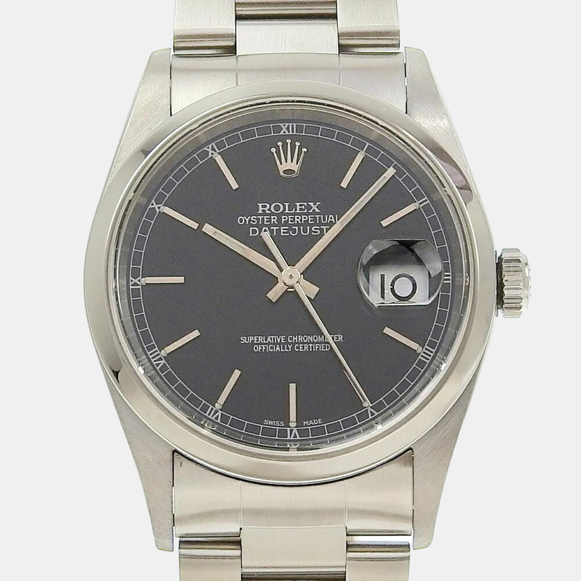 Pre-owned Rolex Black Stainless Steel Datejust 16200 Automatic Men's Wristwatch 36 Mm