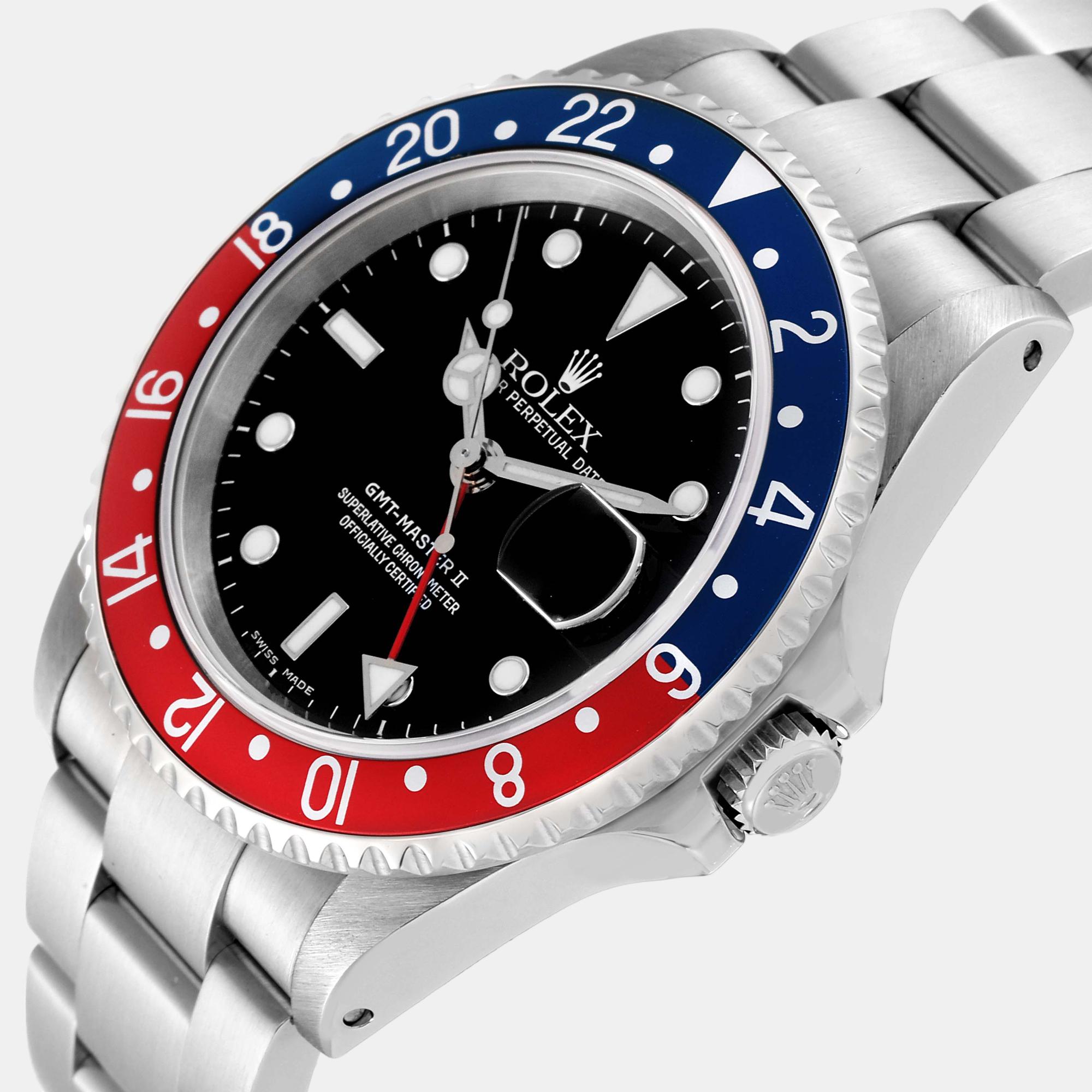 

Rolex GMT Master II Blue Red Pepsi Bezel Steel Mens Watch 16710, Black