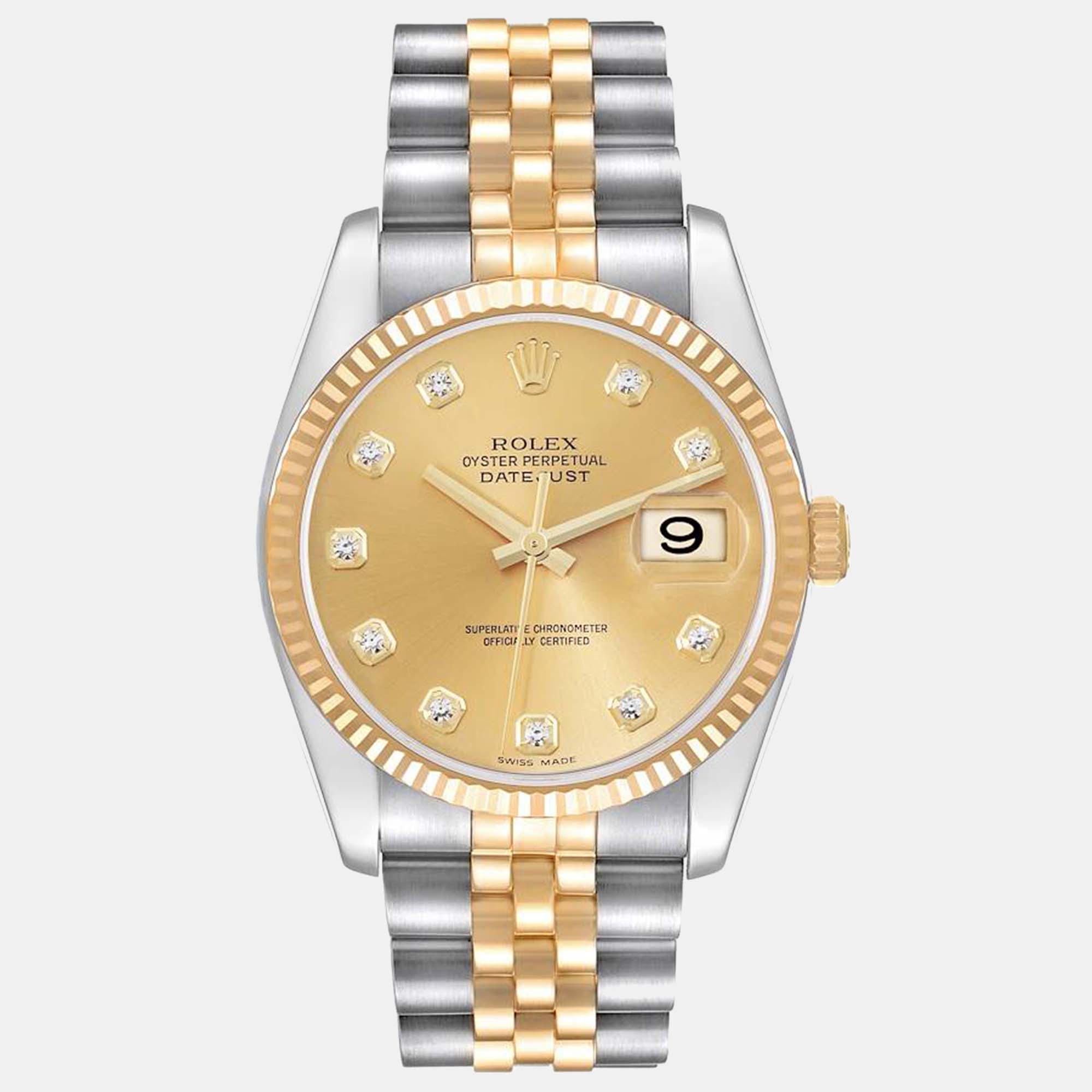 

Rolex Datejust Steel Yellow Gold Champagne Diamond Dial Mens Watch 116233