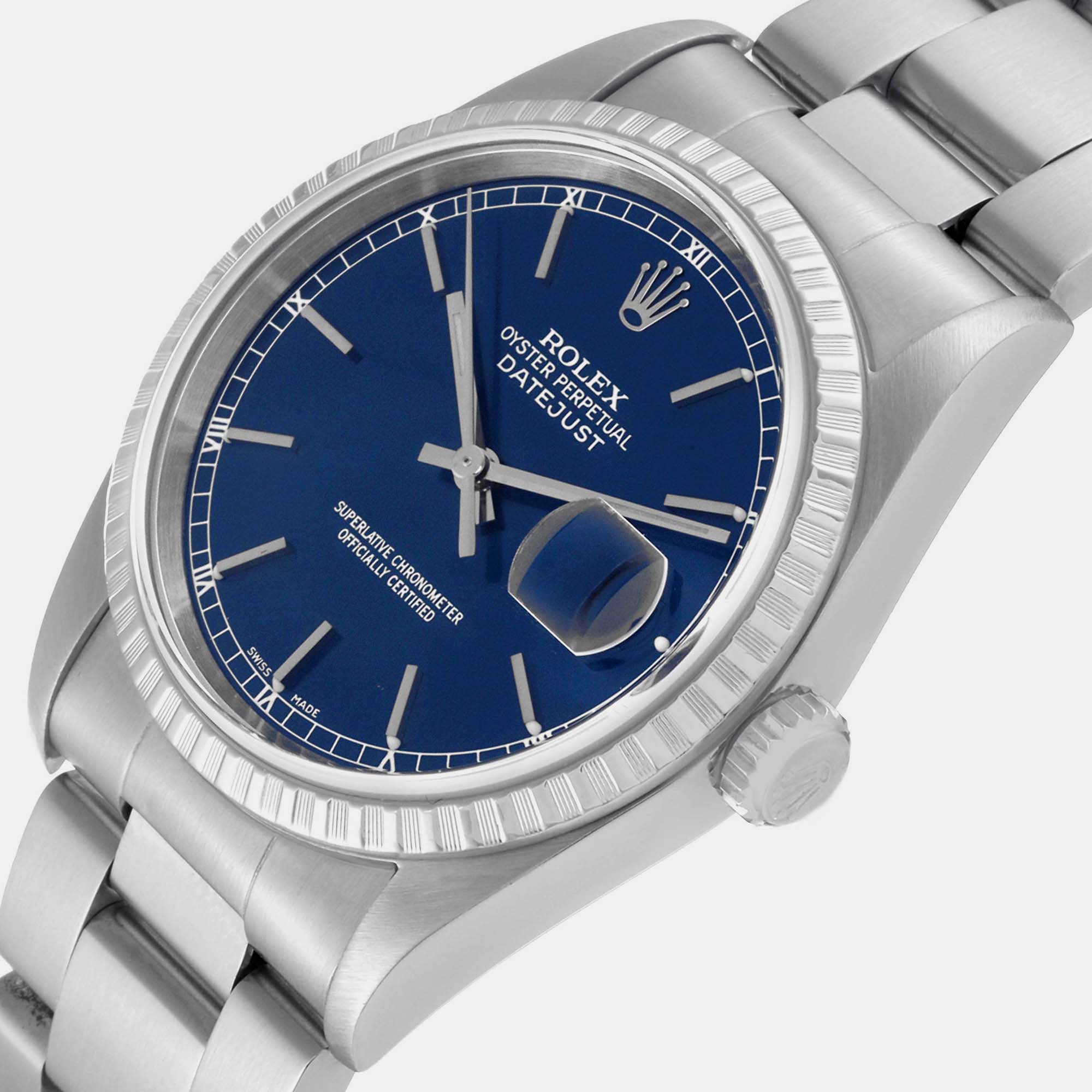 

Rolex Datejust Blue Dial Engine Turned Bezel Steel Men's Watch