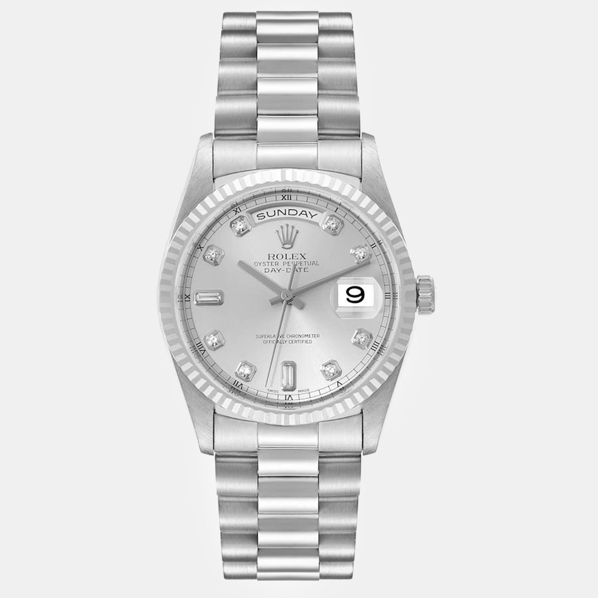 

Rolex President Day-Date White Gold Diamond Dial Men's Watch, Silver