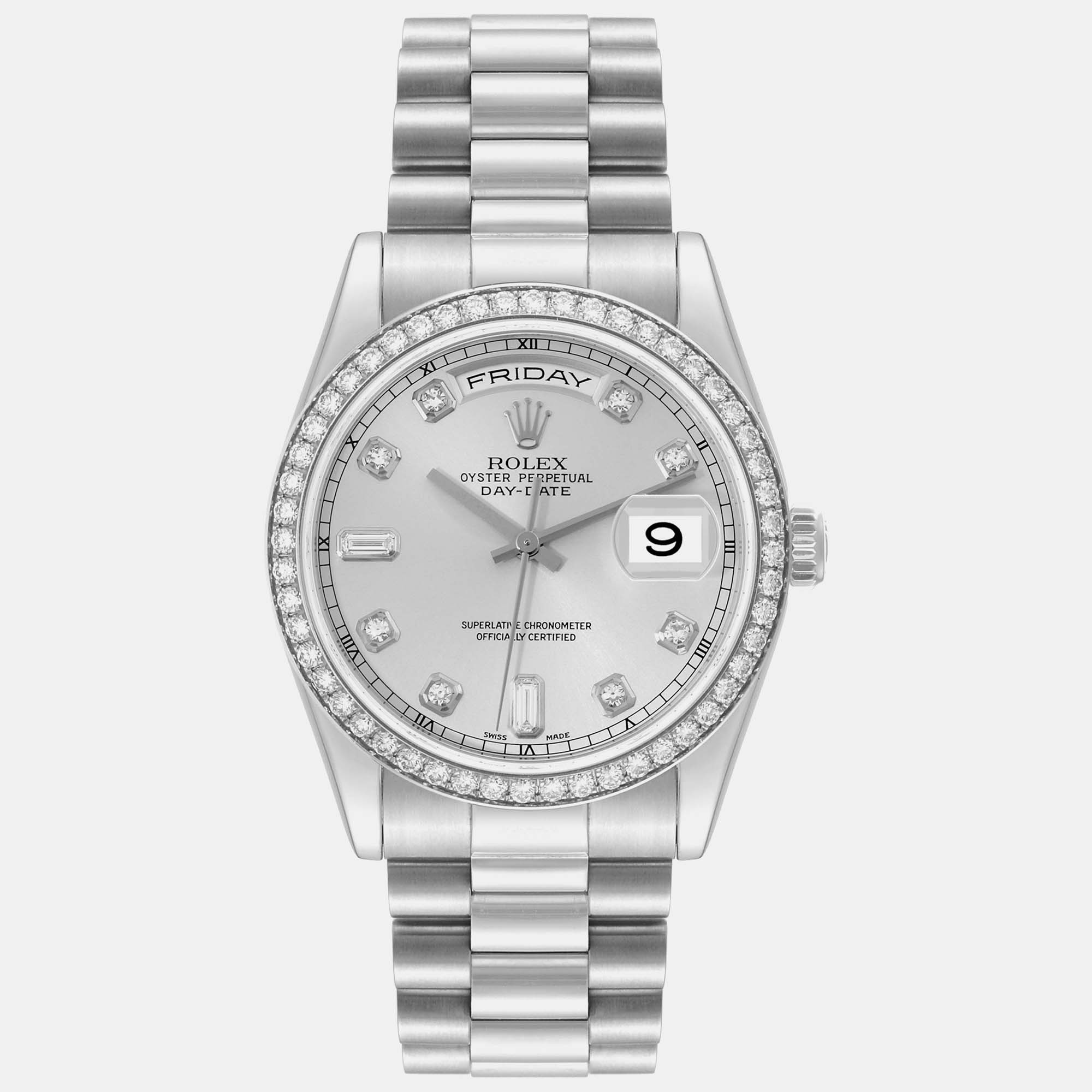 

Rolex President Day-Date Platinum Diamond Men's Watch, Silver