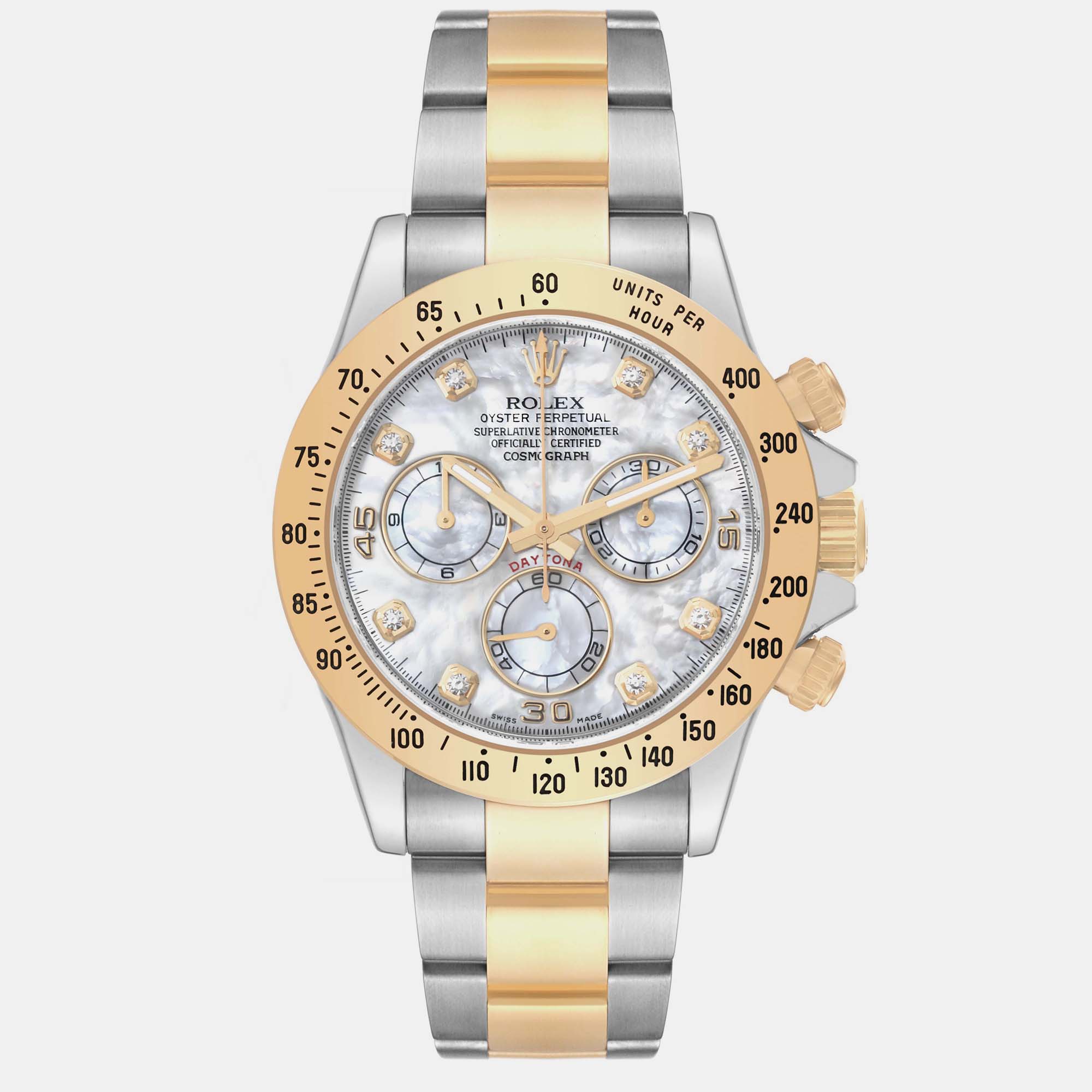 

Rolex Daytona Yellow Gold Steel Mother of Pearl Diamond Dial Men's Watch 40 mm, White