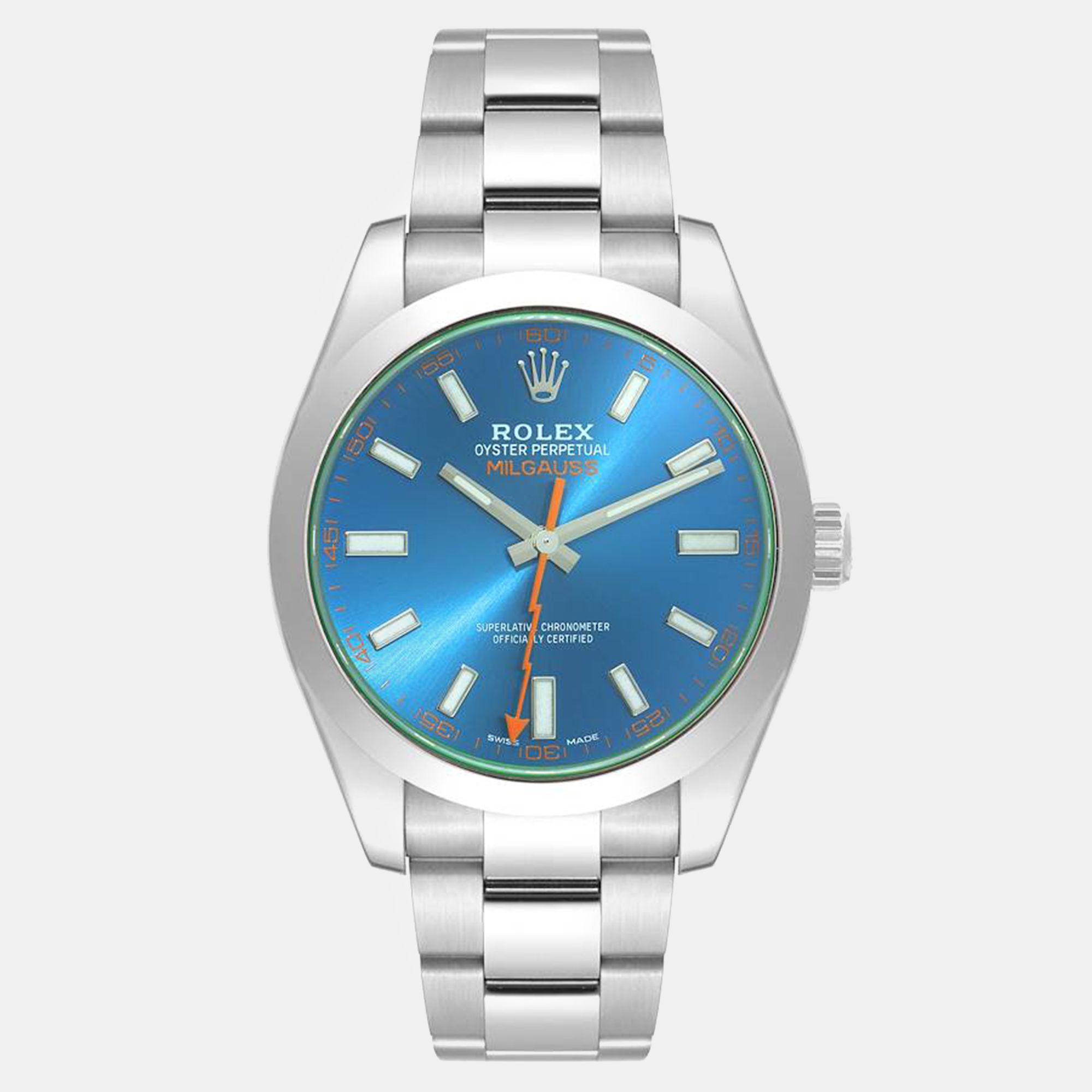Pre-owned Rolex Milgauss Blue Dial Green Crystal Steel Men's Watch 40 Mm