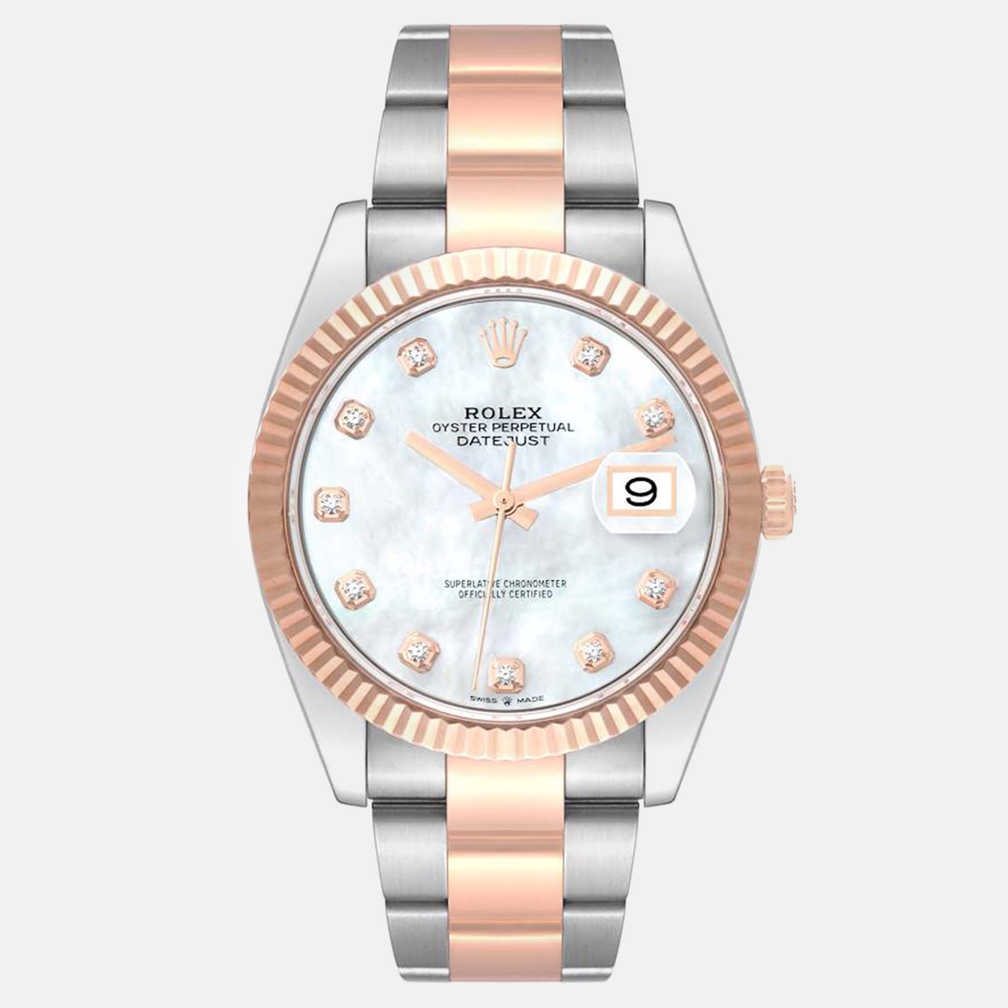 Pre-owned Rolex Datejust Steel Rose Gold Mother Of Pearl Diamond Dial Men's Watch 41 Mm In Silver