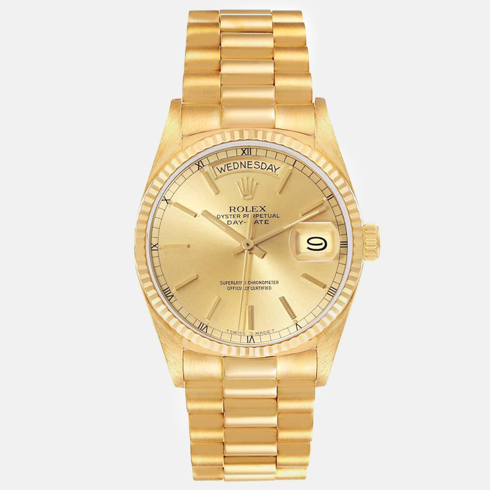 Pre-owned Rolex President Day-date Yellow Gold Champagne Dial Men's Watch 36 Mm
