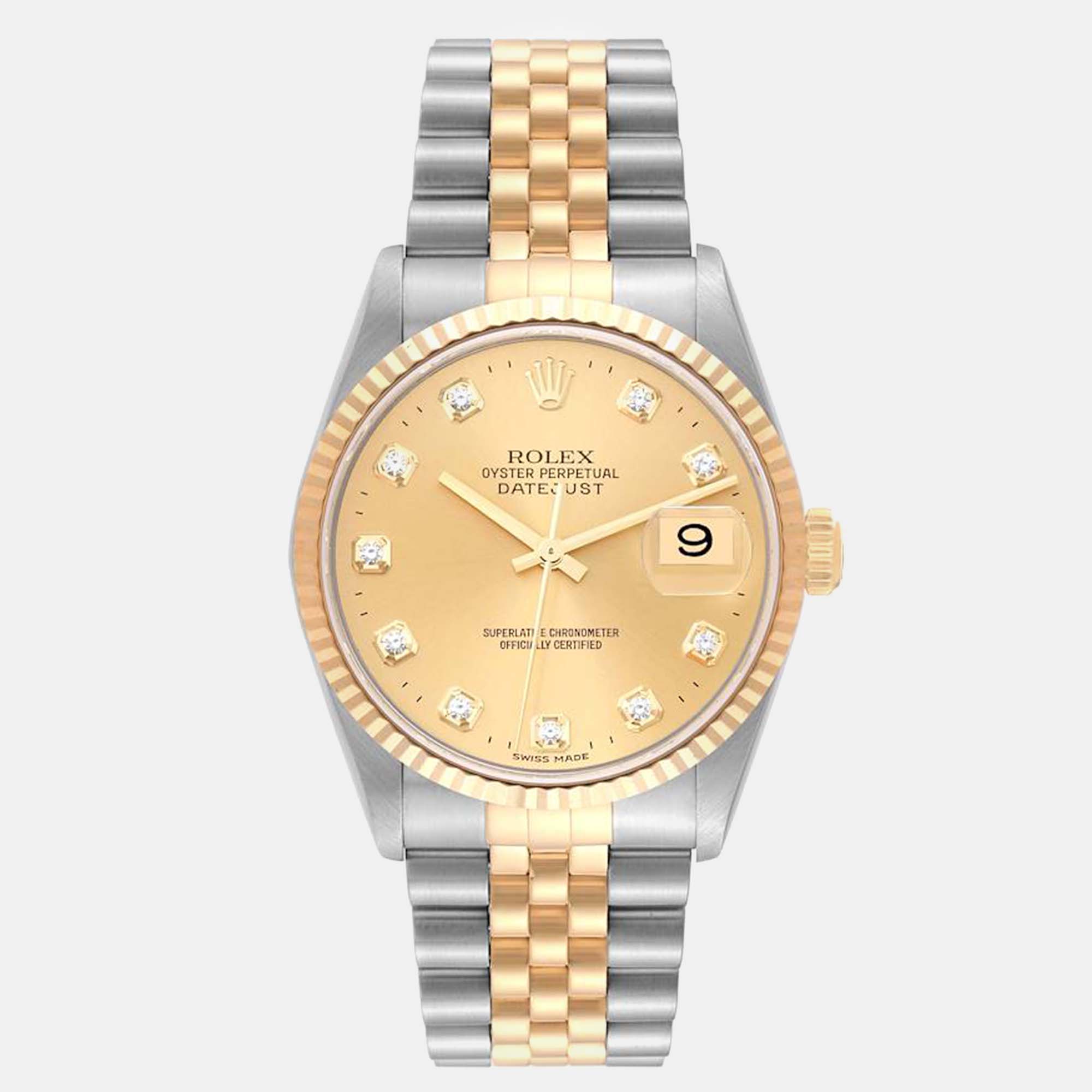 Pre-owned Rolex Datejust Champagne Diamond Dial Steel Yellow Gold Men's Watch 36 Mm