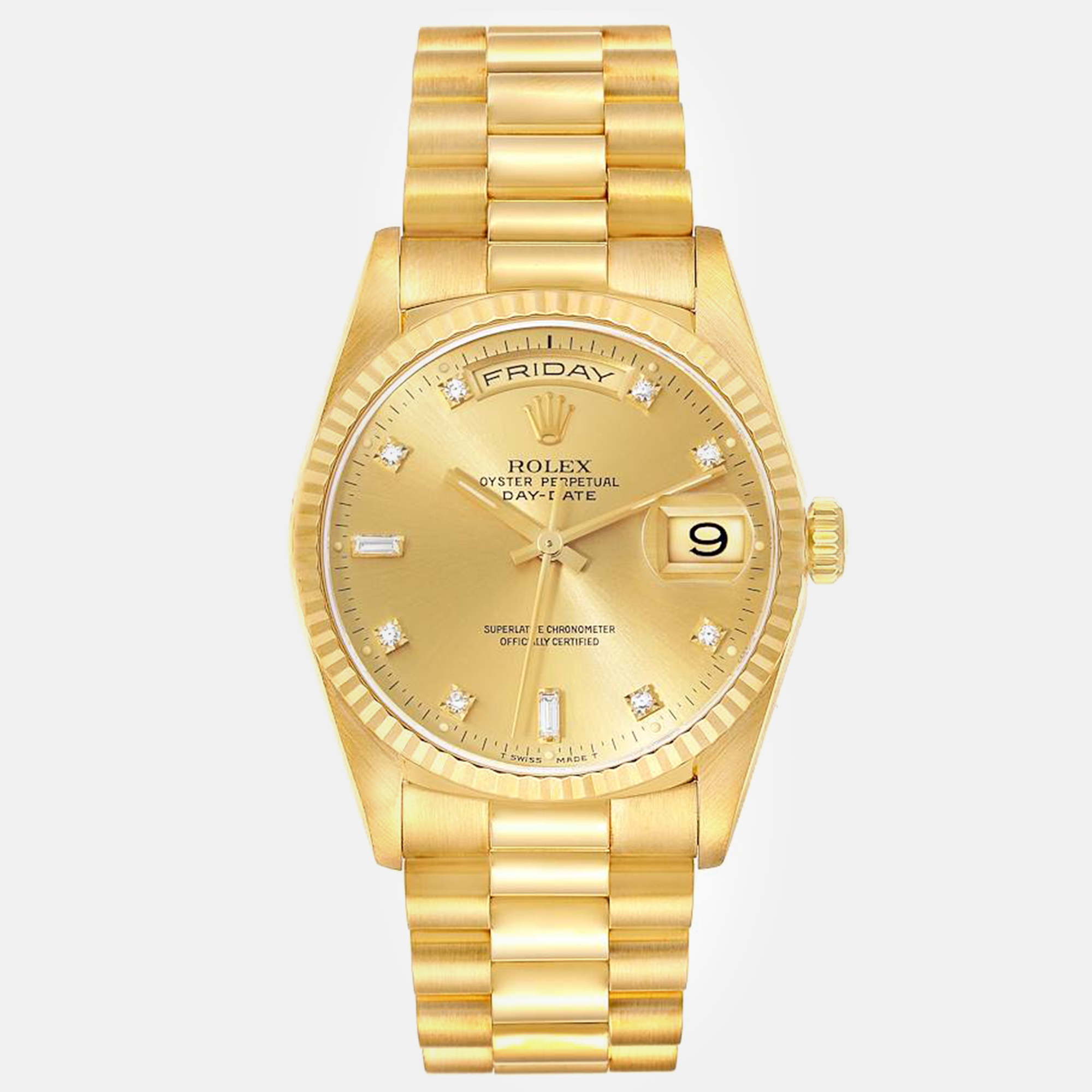 Pre-owned Rolex President Day-date Yellow Gold Champagne Diamond Dial Men's Watch 36 Mm