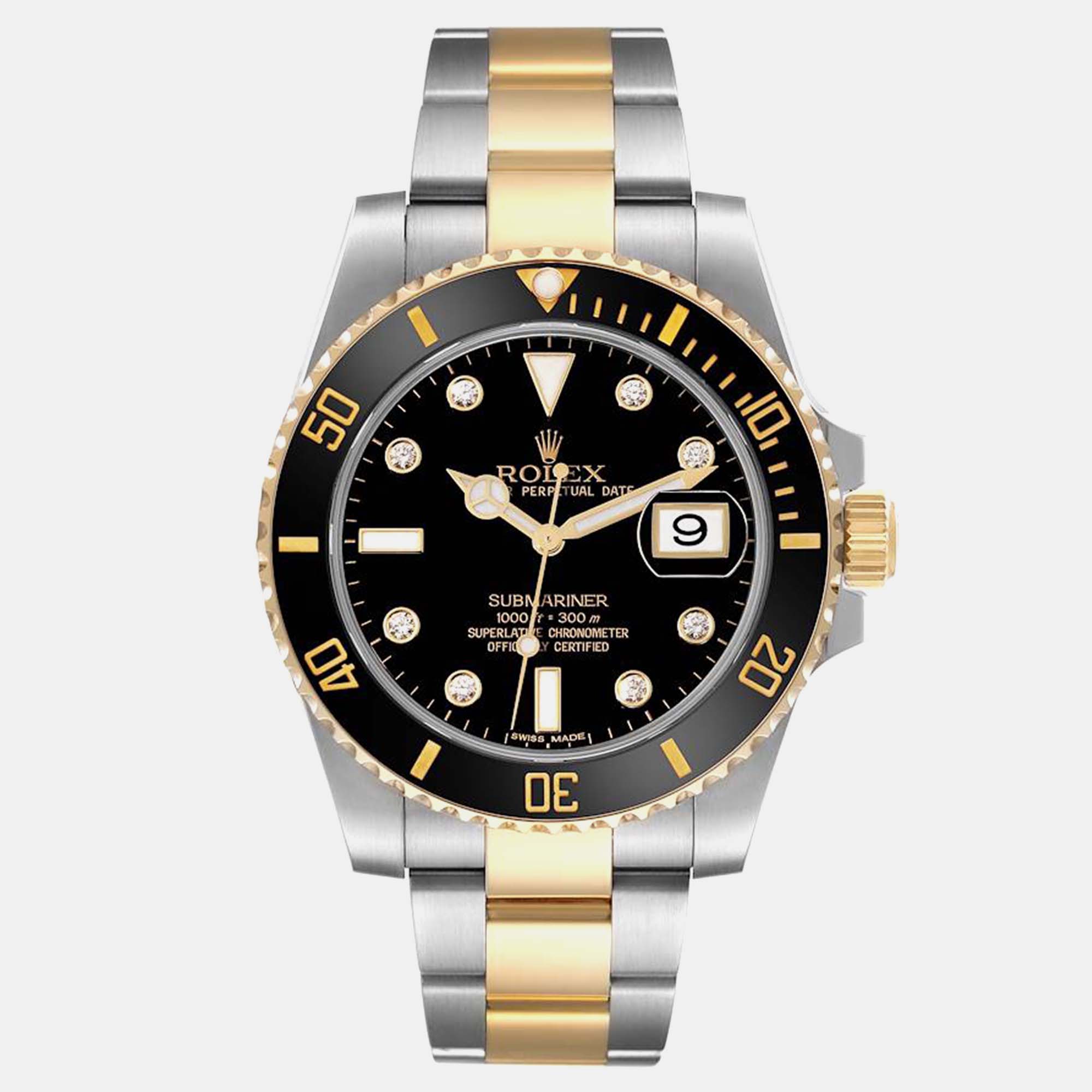 Pre-owned Rolex Submariner Steel Yellow Gold Black Diamond Dial Men's Watch 40 Mm