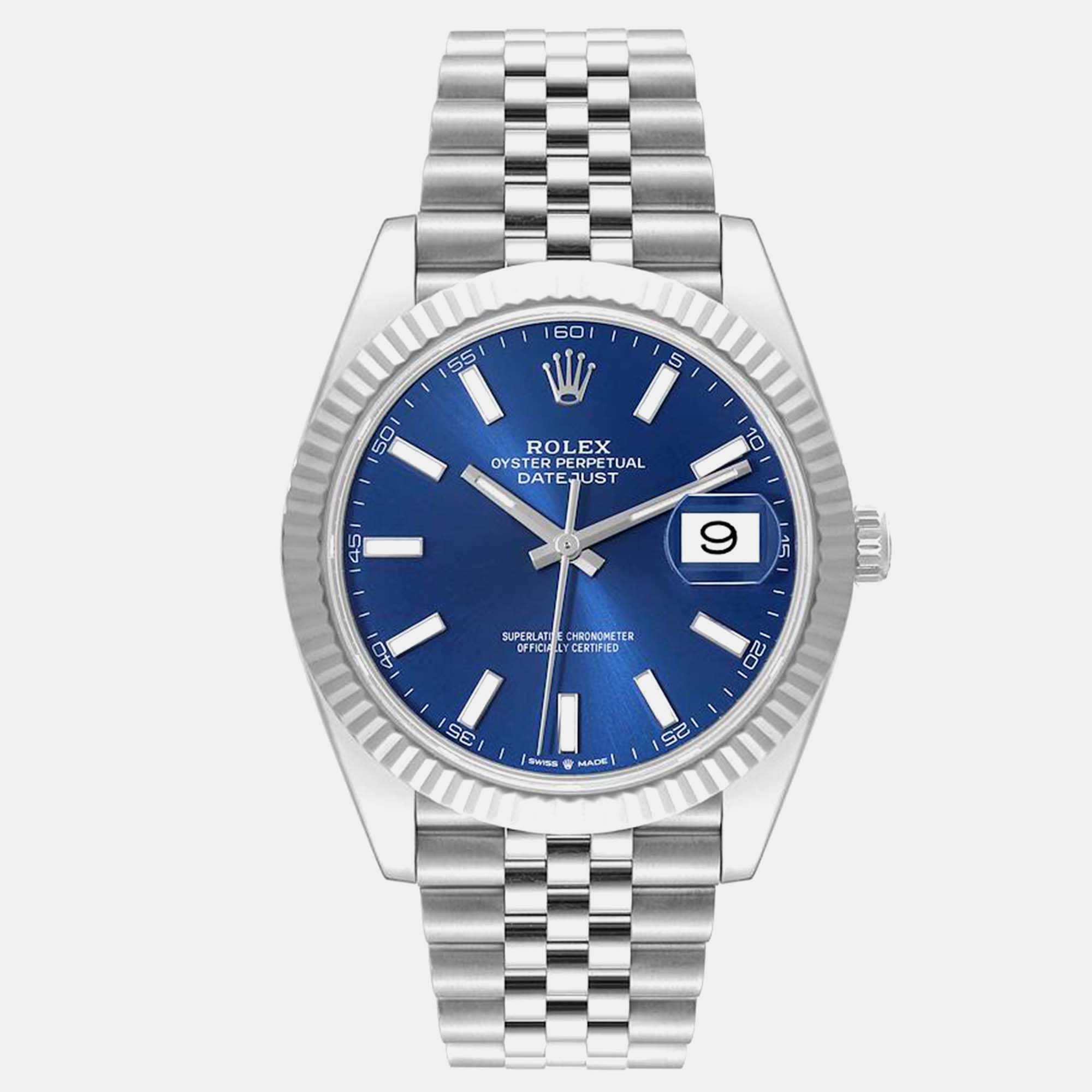 Pre-owned Rolex Datejust Steel White Gold Blue Dial Men's Watch 41 Mm