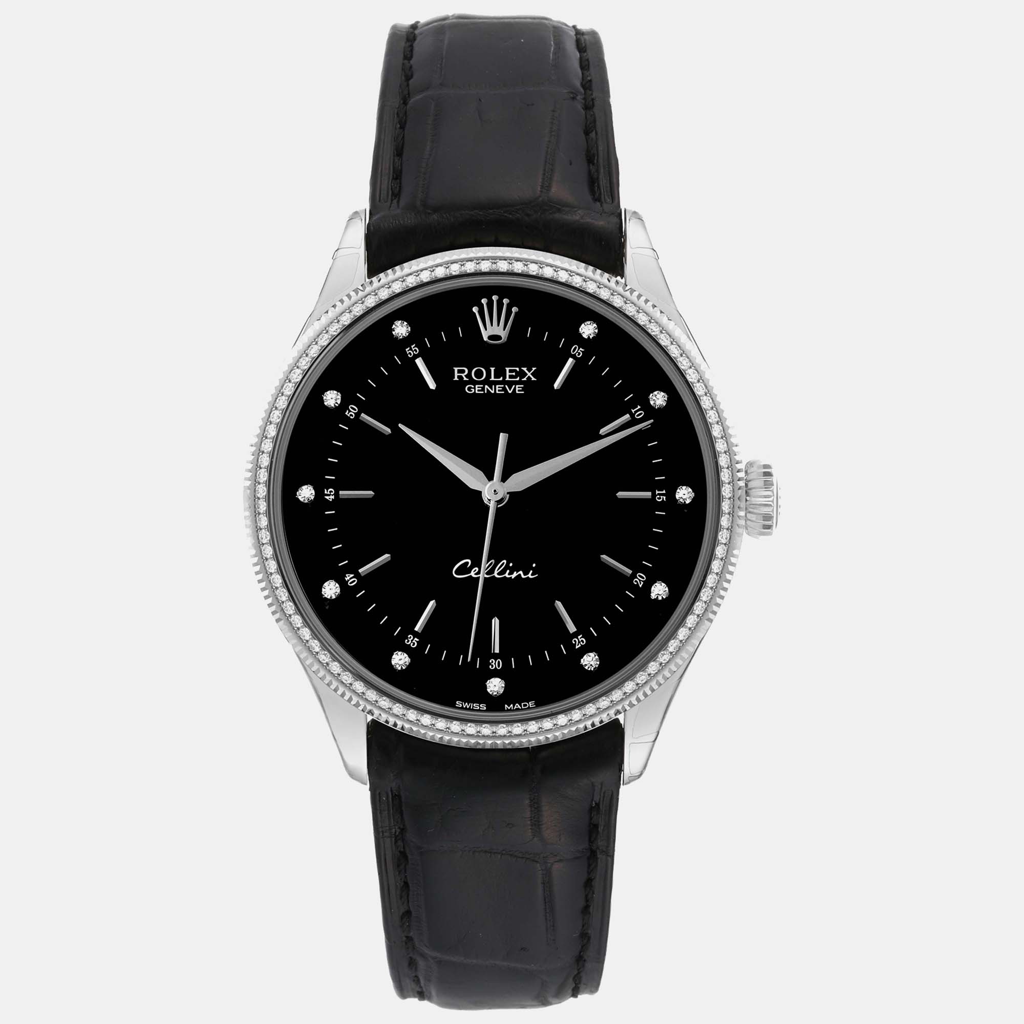 

Rolex Cellini Time White Gold Black Dial Diamond Bezel Men's Watch 39 mm
