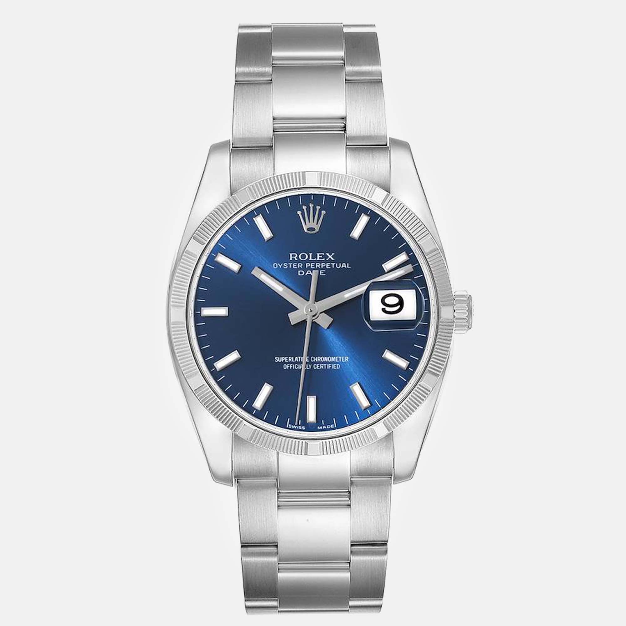 Pre-owned Rolex Date Steel Blue Dial Oyster Bracelet Automatic Men's Watch 34 Mm