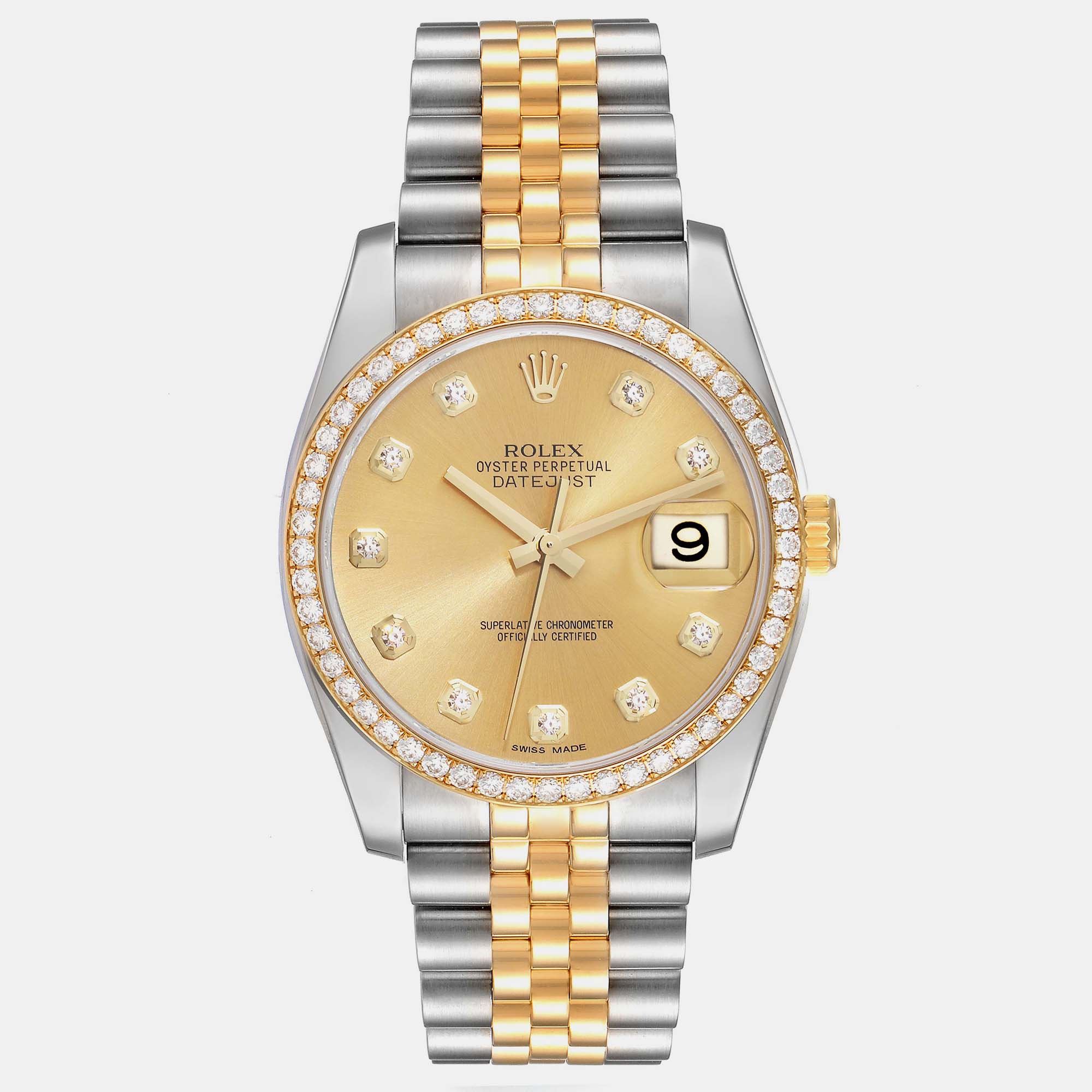 Pre-owned Rolex Datejust Champagne Dial Steel Yellow Gold Diamond Men's Watch 36 Mm