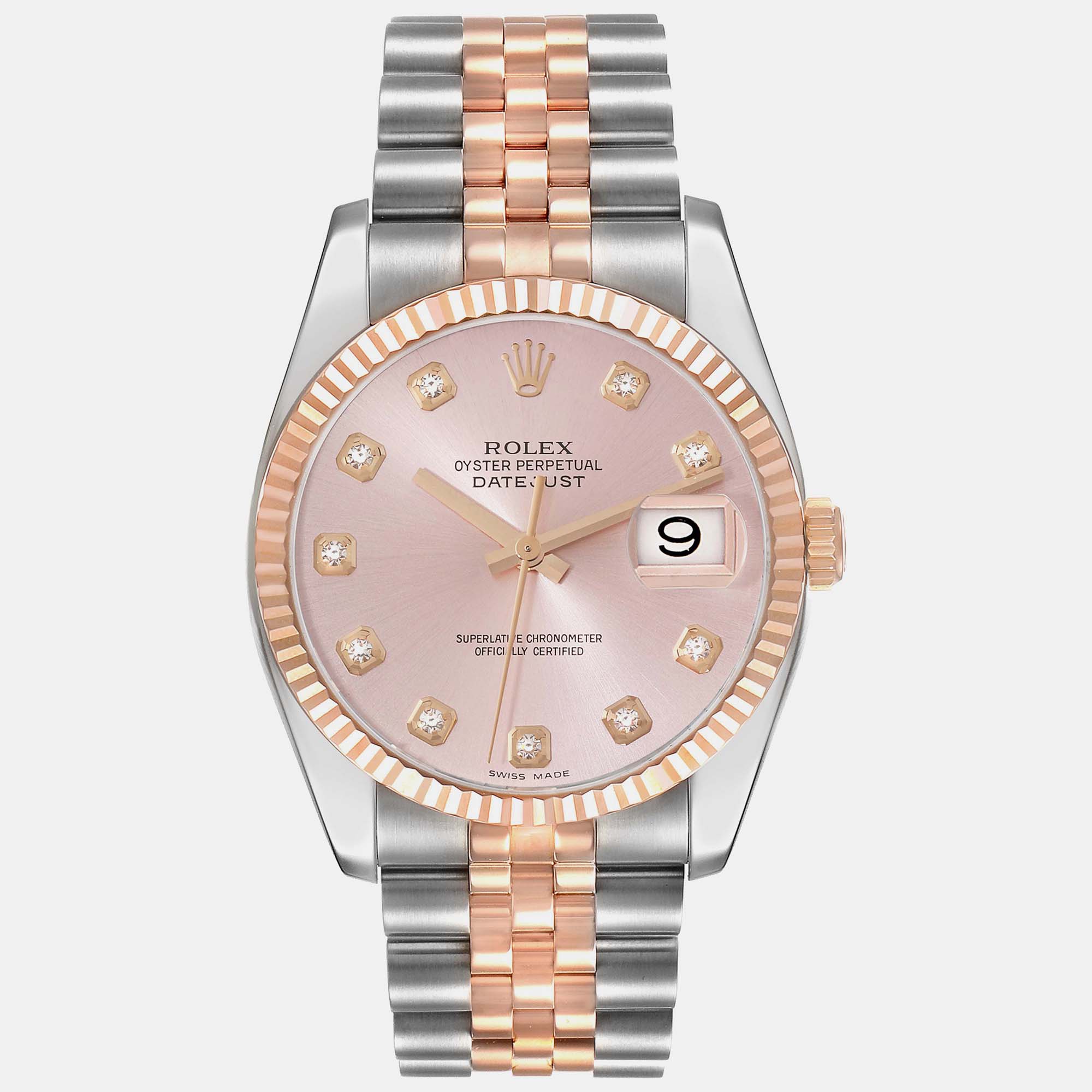 Pre-owned Rolex Datejust Steel Rose Gold Pink Diamond Dial Men's Watch 36 Mm