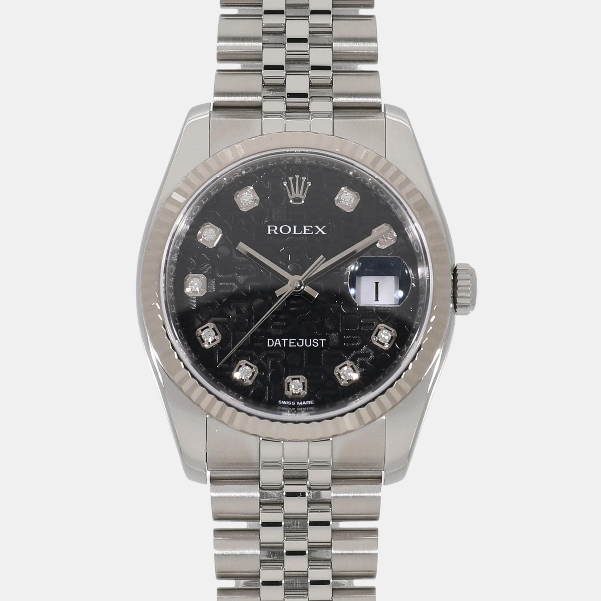 

Rolex Black Diamond 18k White Gold Stainless Steel Datejust 116234 Automatic Men's Wristwatch 36 mm