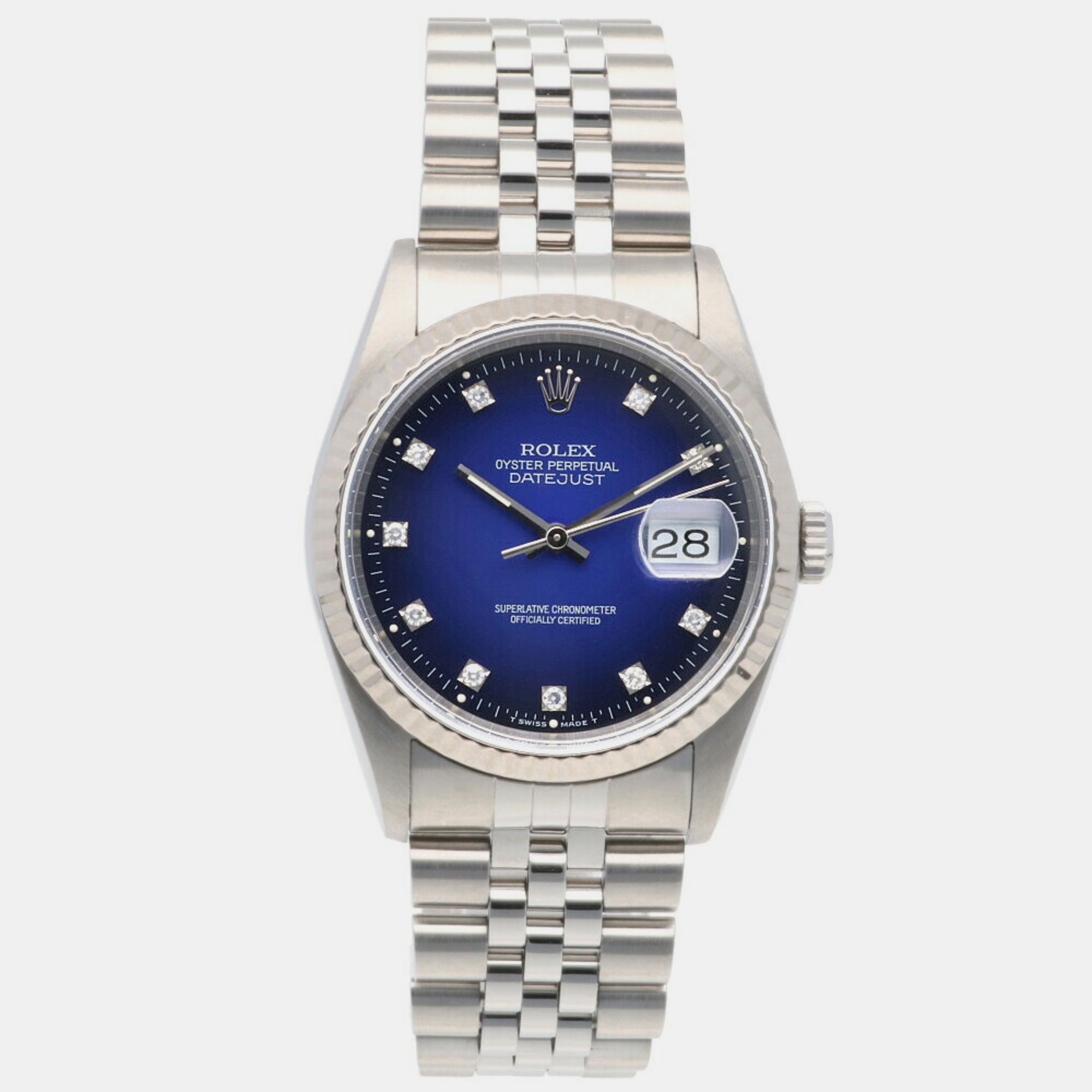 

Rolex Blue Gradient Stainless Steel and Diamond Oyster Perpetual Datejust 16234G Men's Wristwatch 36 mm