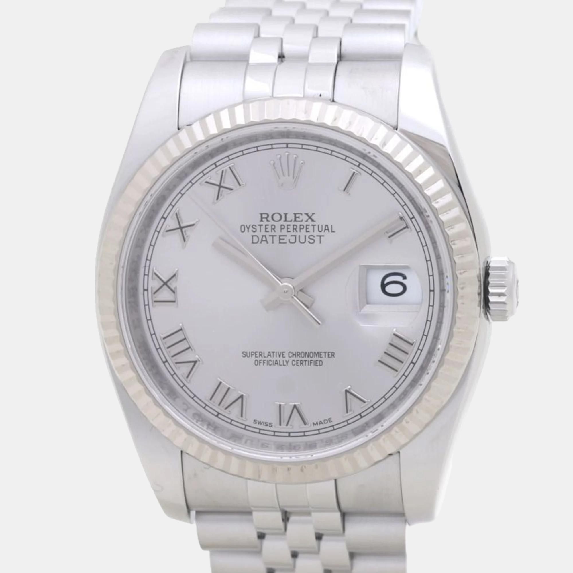 Pre-owned Rolex Silver 18k White Gold Stainless Steel Datejust 116234 Automatic Men's Wristwatch 36 Mm