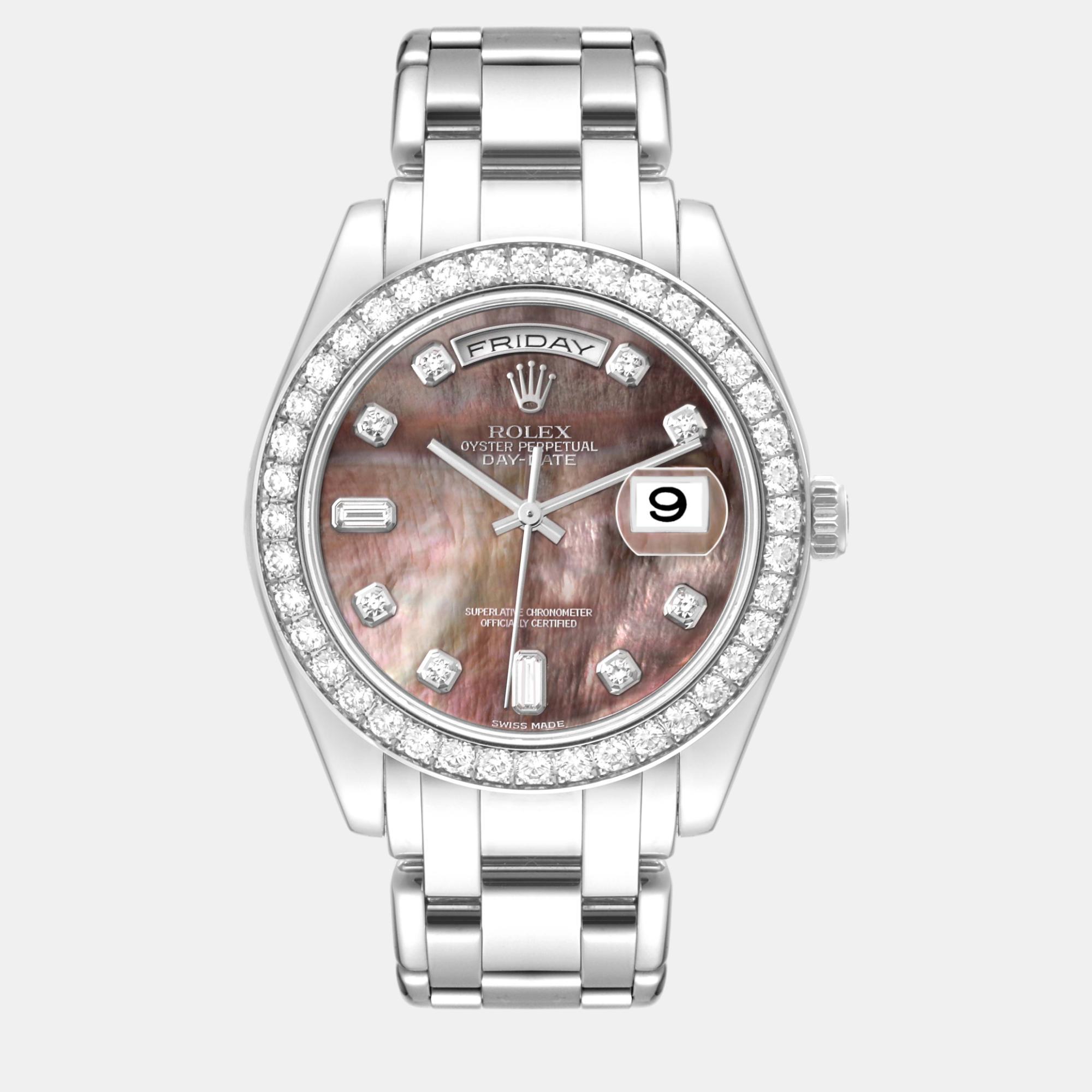 Pre-owned Rolex Day-date Masterpiece Platinum Mother Of Pearl Diamond Mens Watch 39 Mm In Brown