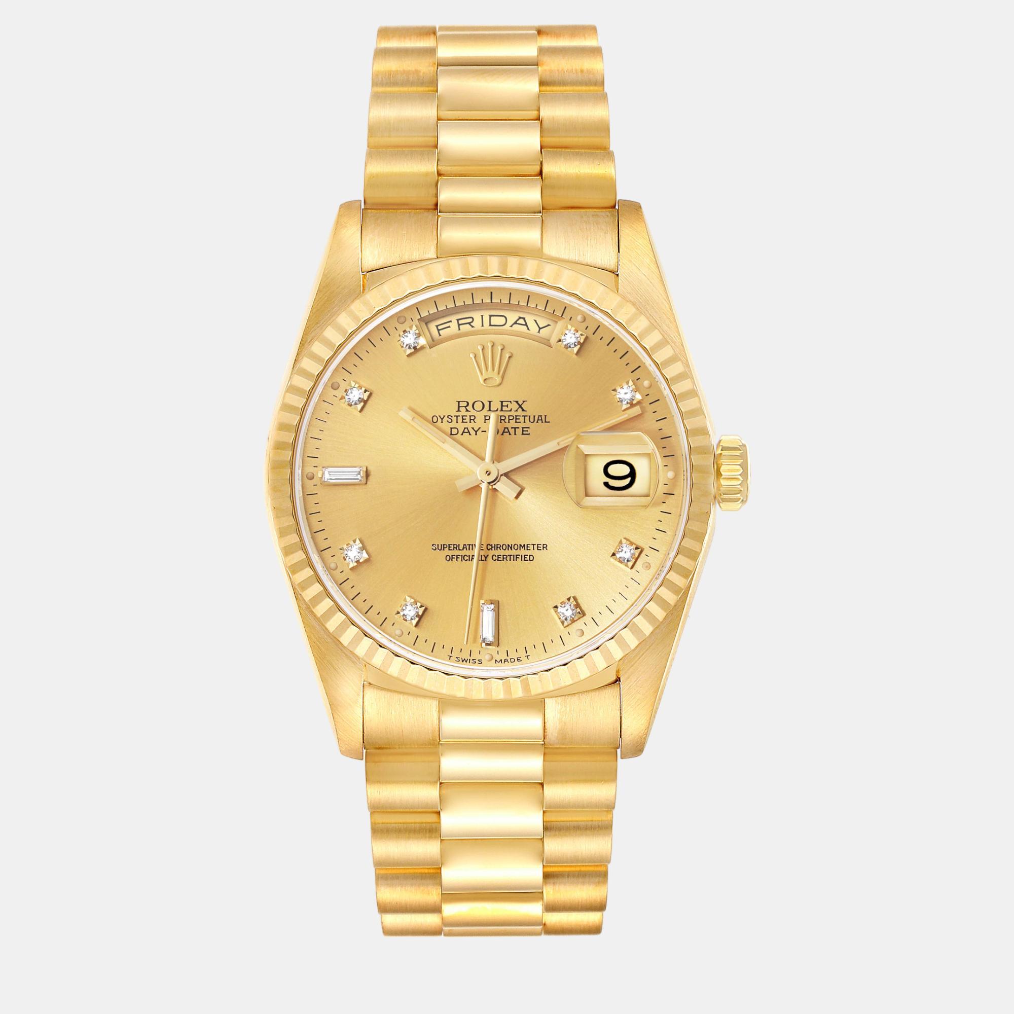 Pre-owned Rolex President Day-date Yellow Gold Champagne Diamond Dial Men's Watch 36 Mm