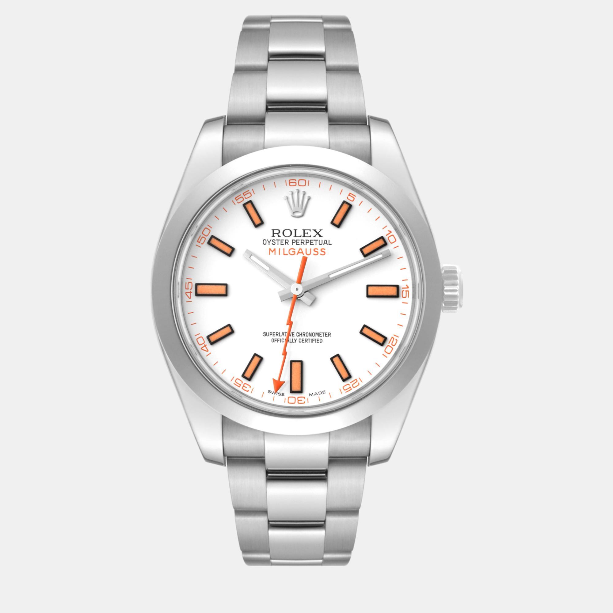 Pre-owned Rolex Milgauss White Dial Orange Markers Steel Men's Watch 40 Mm