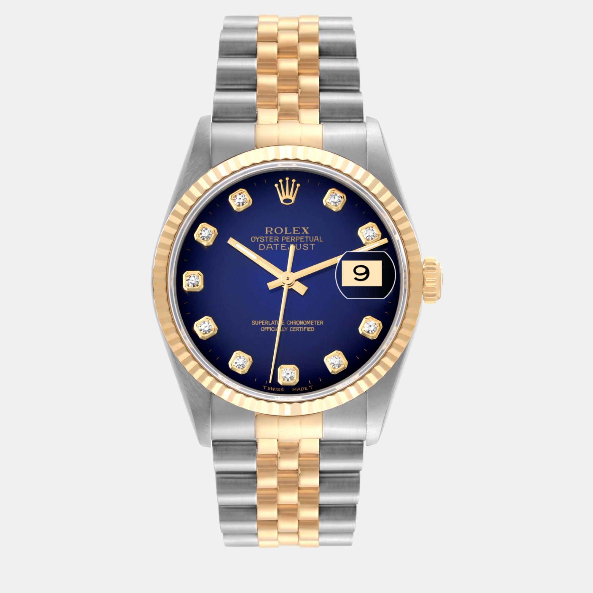 

Rolex Datejust Blue Vignette Diamond Dial Steel Yellow Gold Men's Watch 36 mm