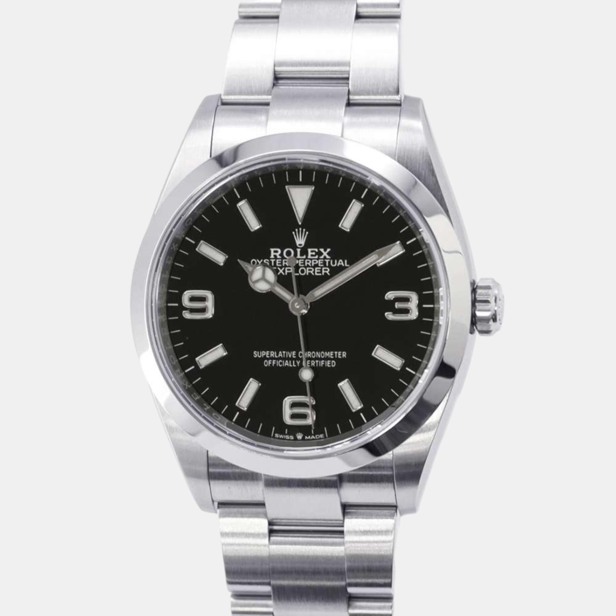 

Rolex Black Stainless Steel Explorer Automatic Men's Wristwatch 36 mm