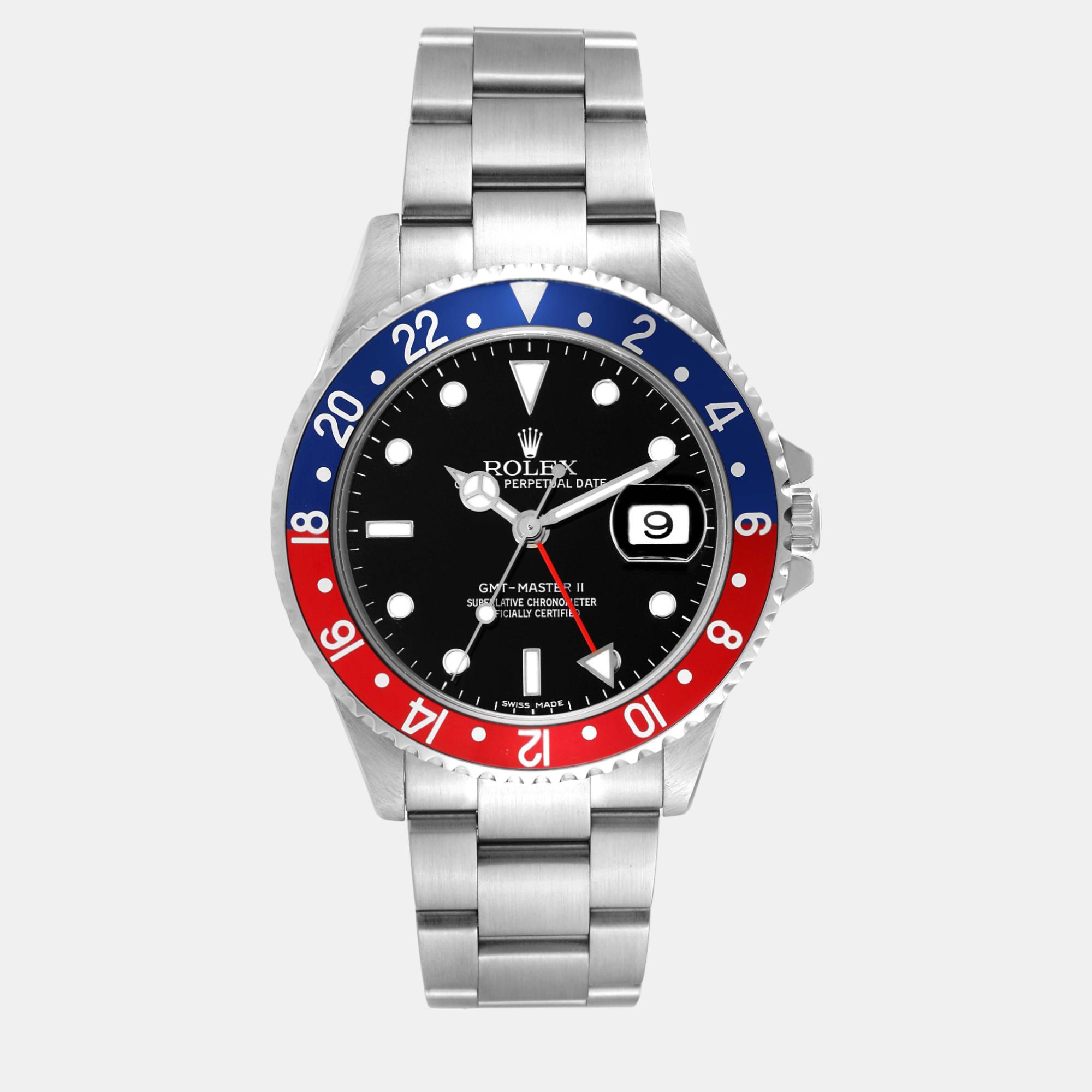 

Rolex GMT Master II Blue Red Pepsi Bezel Steel Men's Watch 40 mm, Black