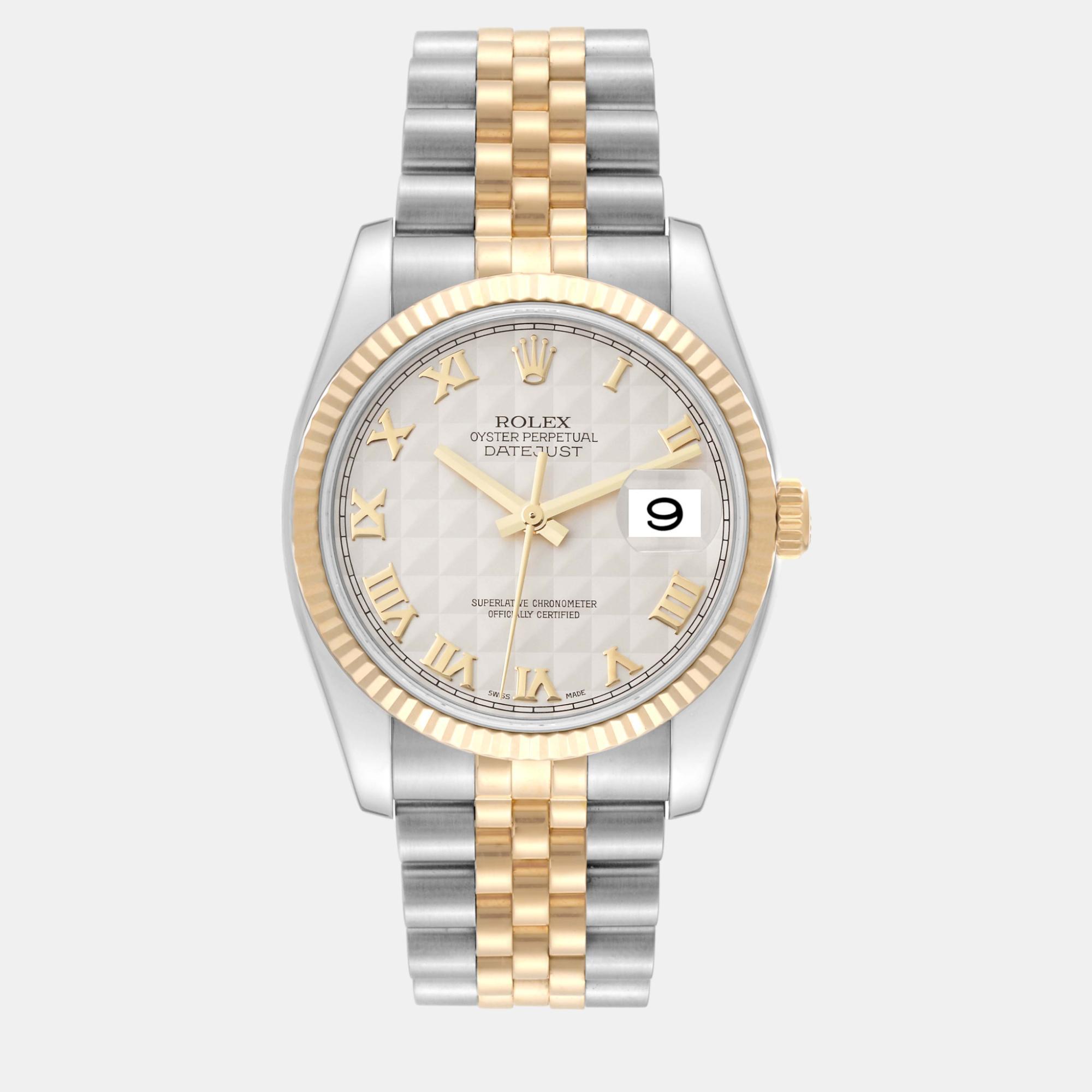 

Rolex Datejust Steel Yellow Gold Ivory Pyramid Dial Men's Watch 36 mm, White