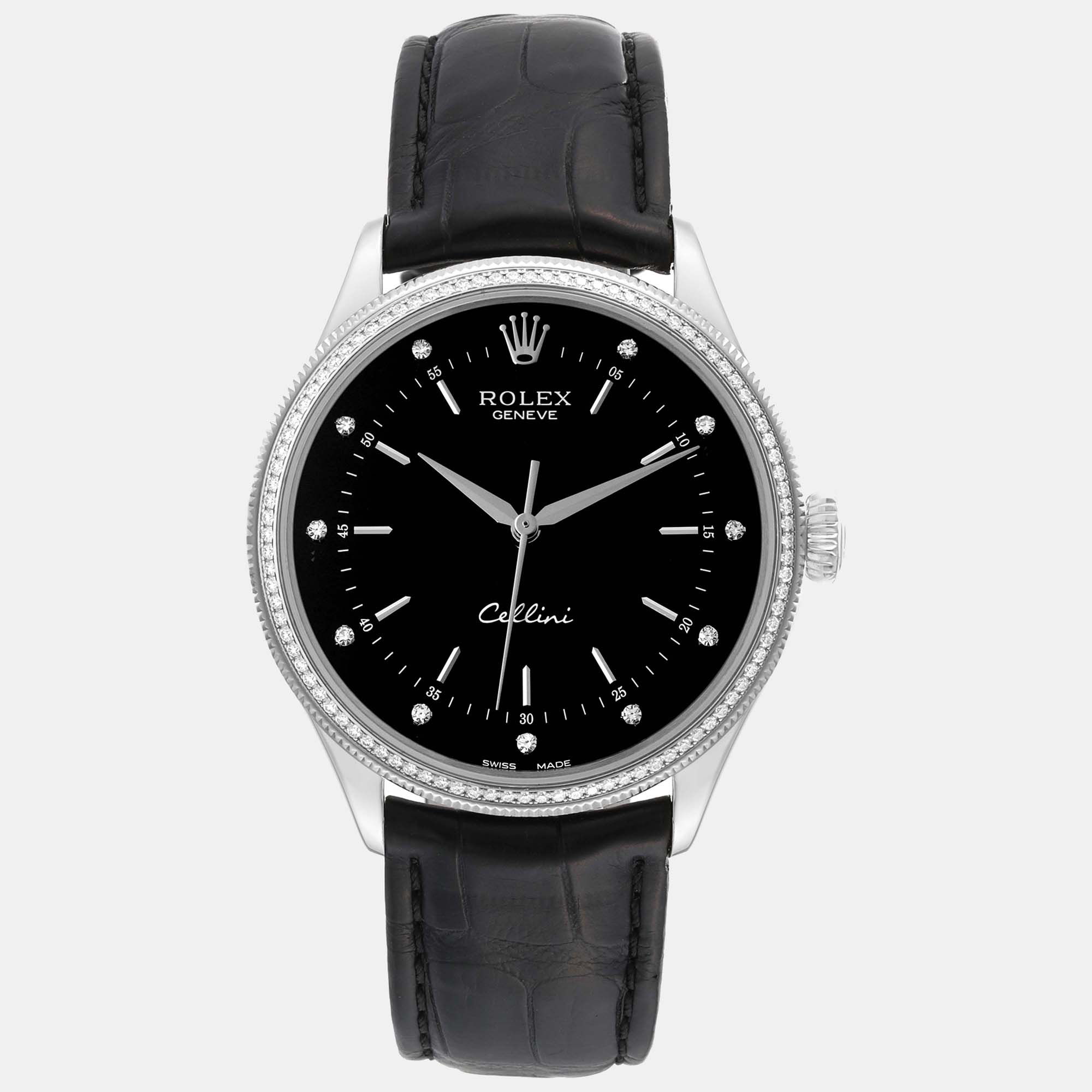 

Rolex Cellini Time White Gold Black Dial Diamond Bezel Men's Watch 39 mm