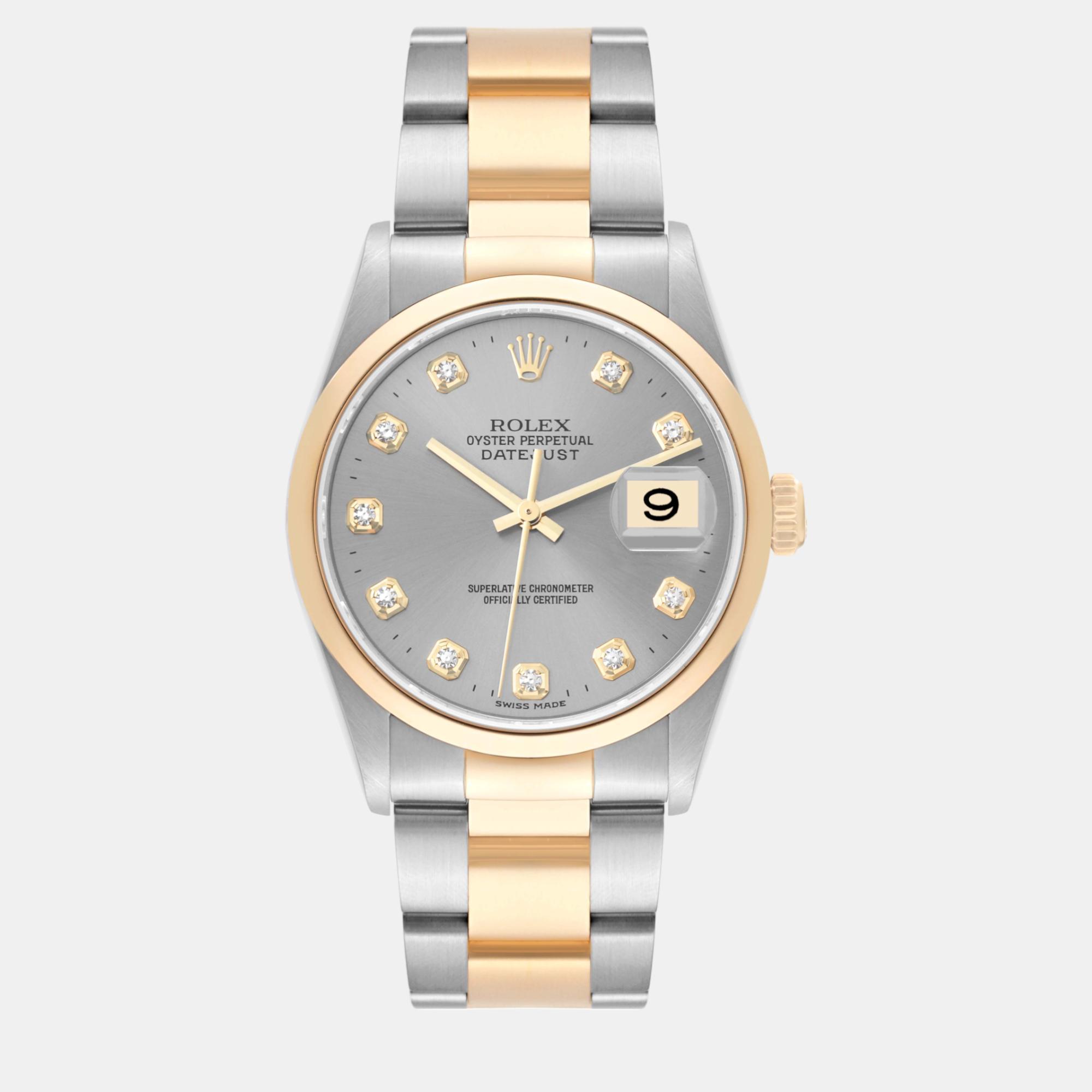 

Rolex Datejust Steel Yellow Gold Slate Diamond Dial Men's Watch 36 mm, Grey