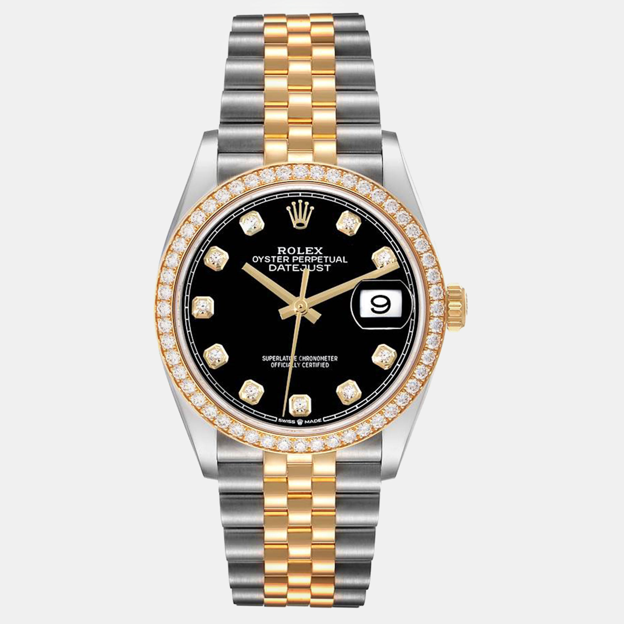 Pre-owned Rolex Datejust Steel Yellow Gold Diamond Men's Watch 36 Mm In Black