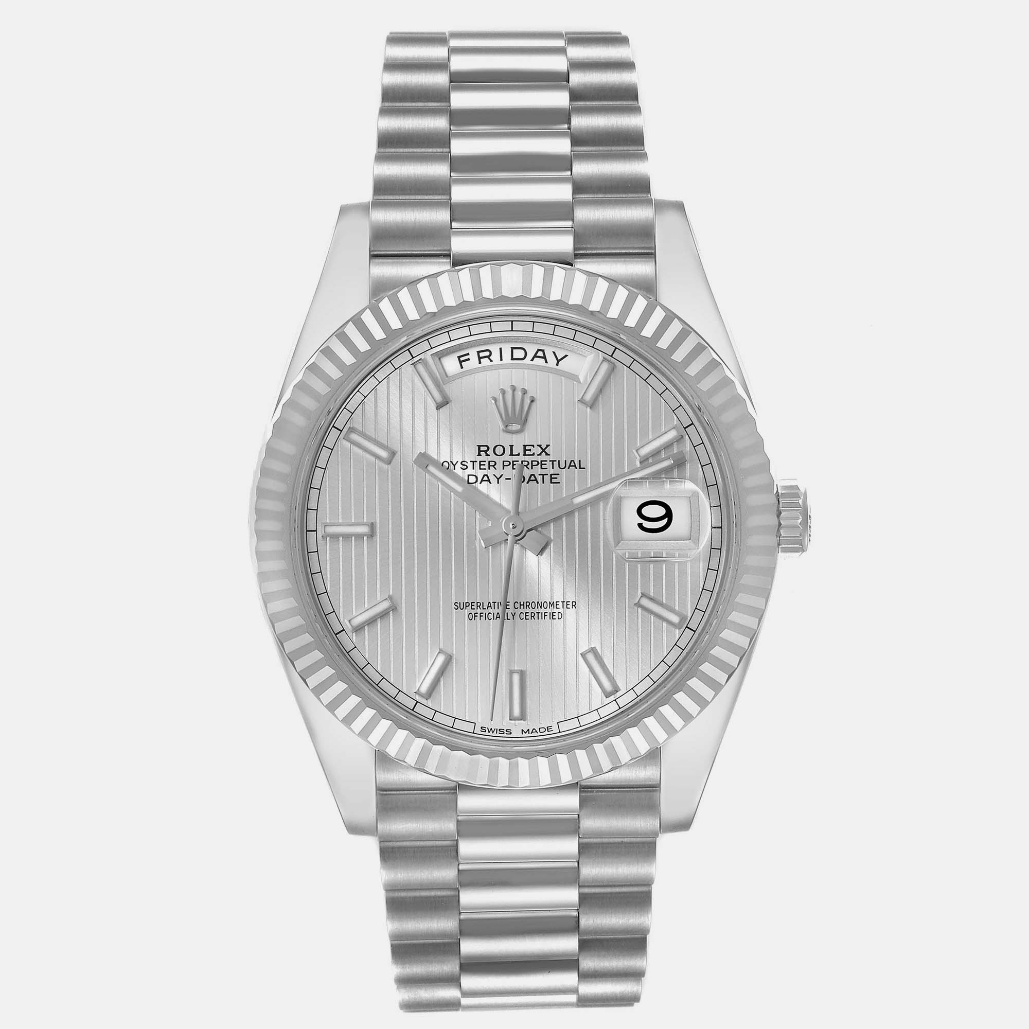 

Rolex President Day-Date Tapestry Dial White Gold Men's Watch 40 mm, Silver