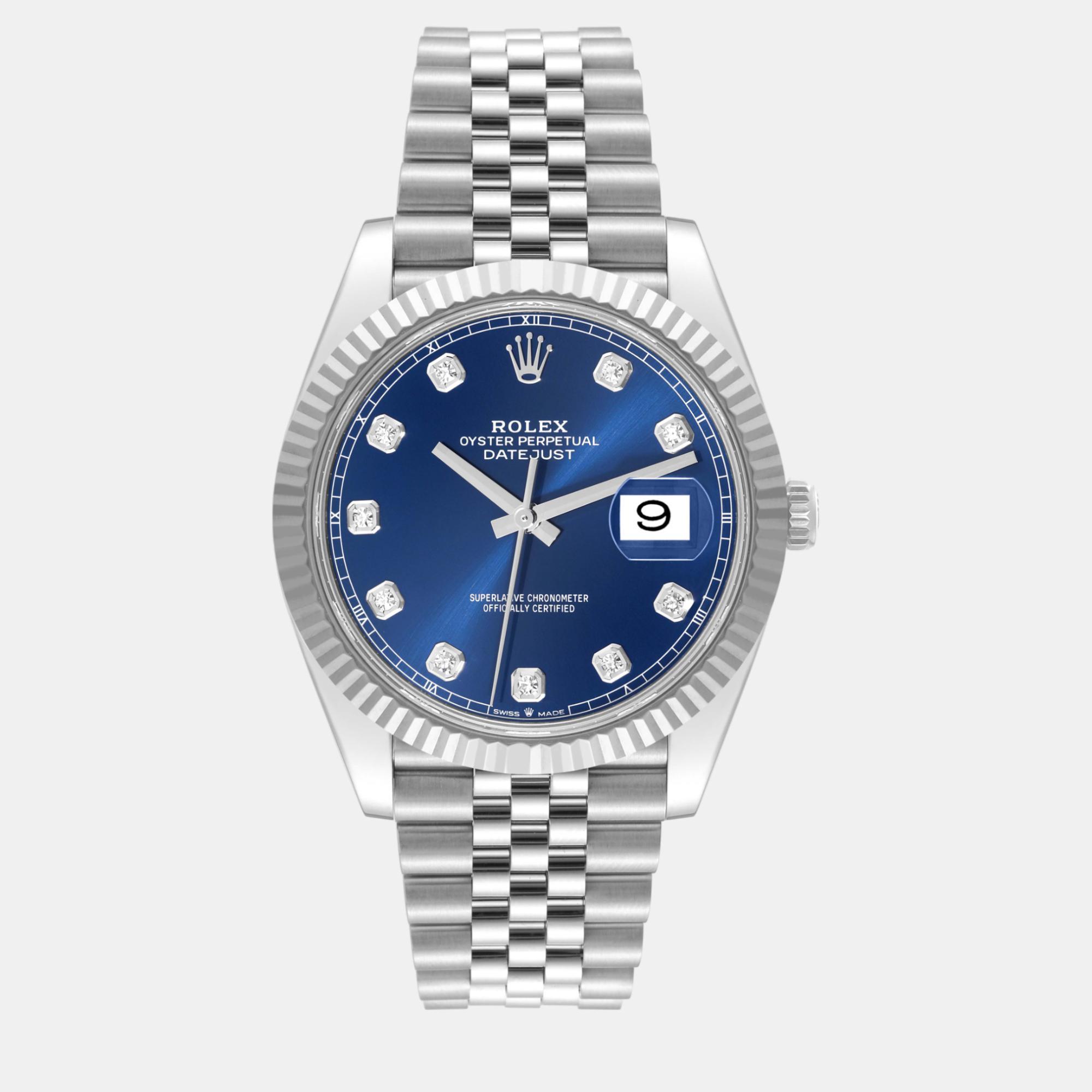 

Rolex Datejust 41 Steel White Gold Diamond Dial Mens Watch, Blue