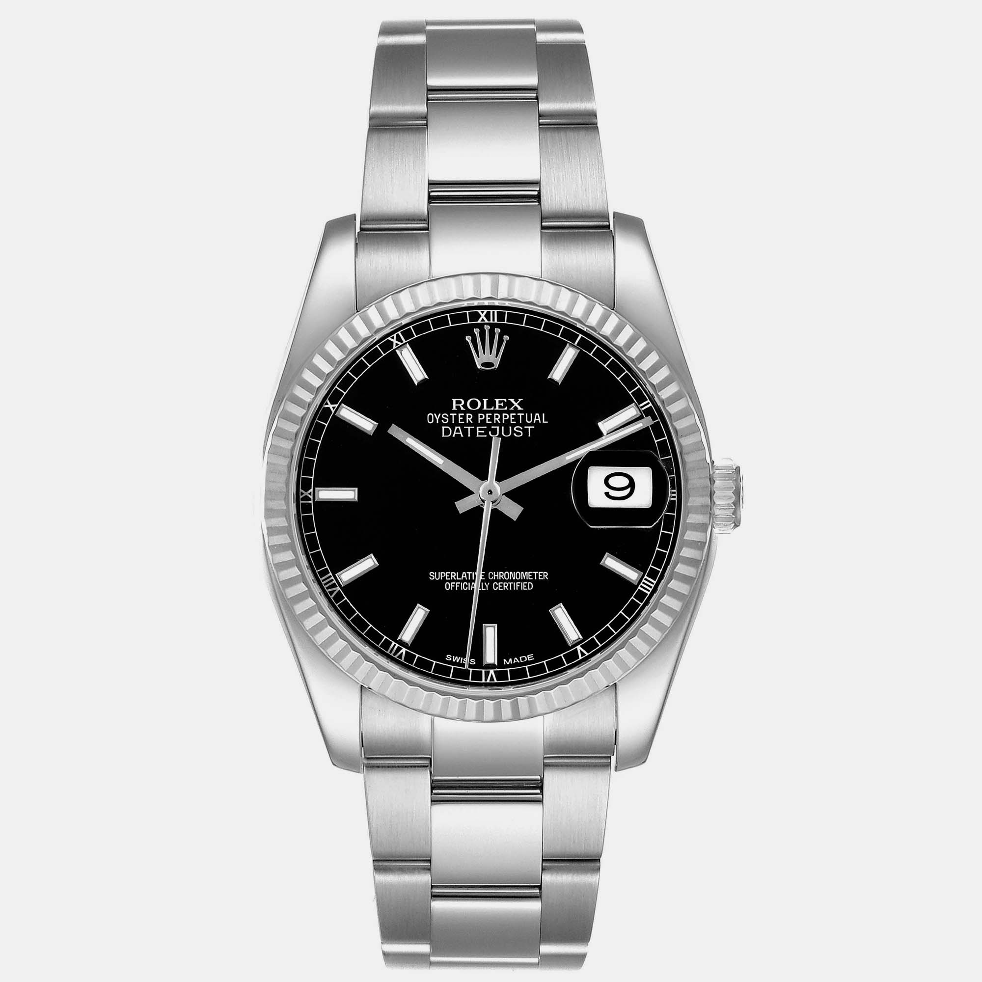 

Rolex Datejust Steel White Gold Fluted Bezel Black Dial Men's Watch 116234 36 mm