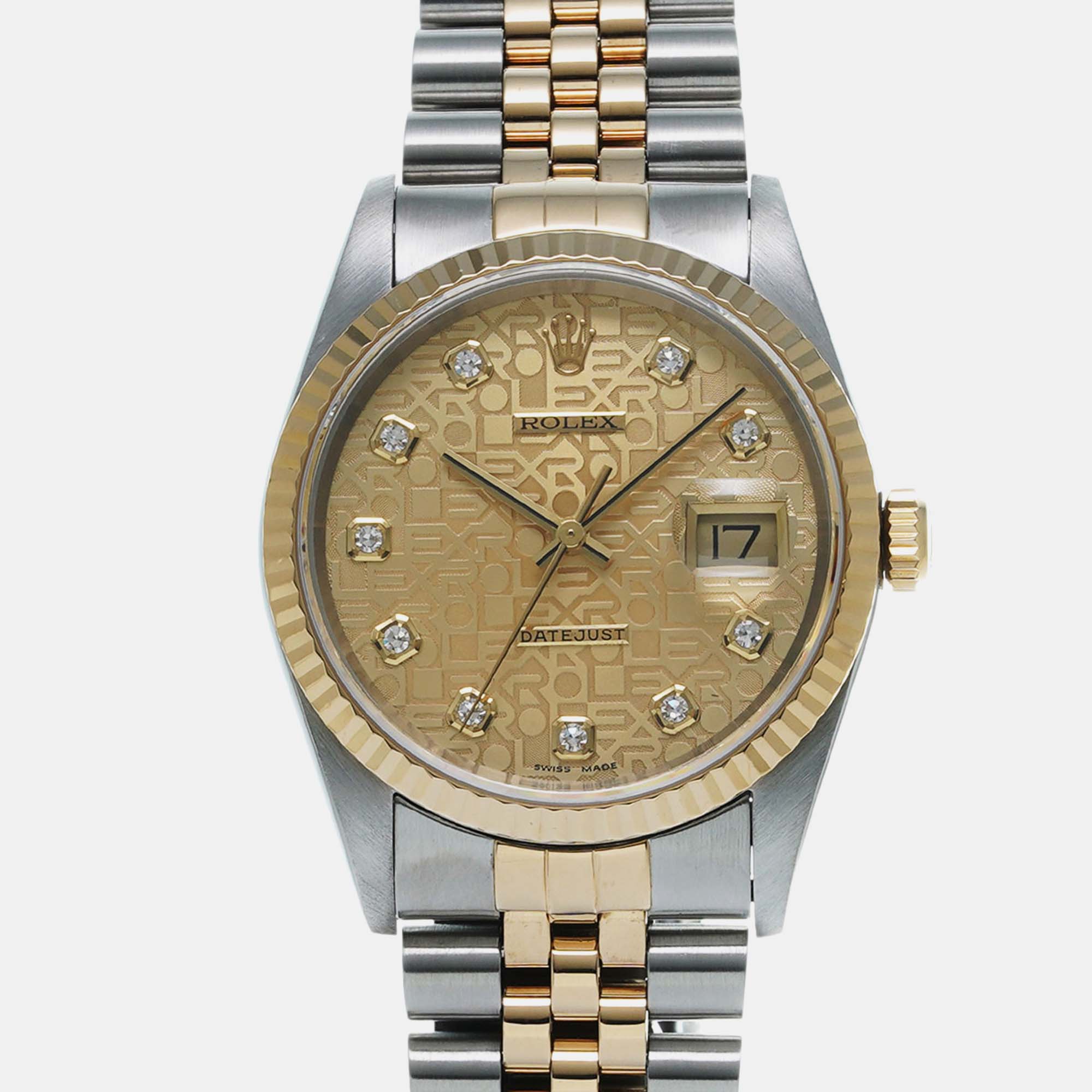 Pre-owned Rolex Champagne 18k Yellow Gold Stainless Steel Diamond Datejust 16233 Automatic Men's Wristwatch 36 Mm