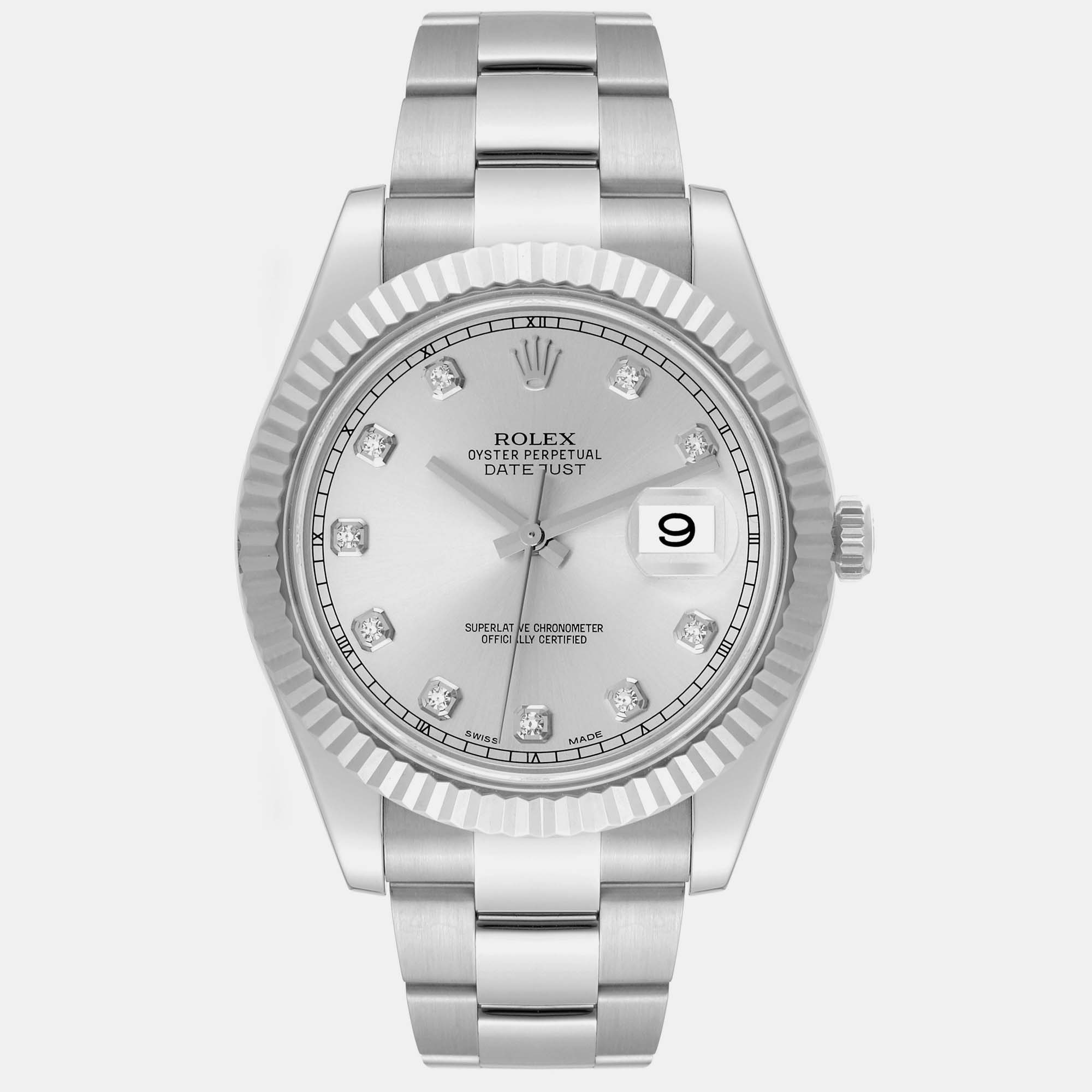 

Rolex Datejust II 41 Diamond Dial Steel White Gold Mens Watch 116334, Silver