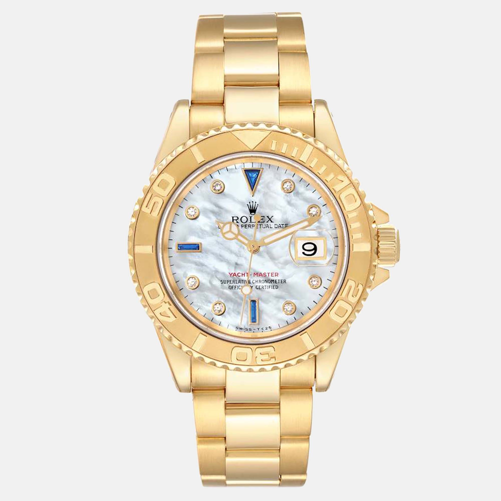 

Rolex Yachtmaster Yellow Gold MOP Diamond Sapphire Serti Watch 16628 40 mm, Silver