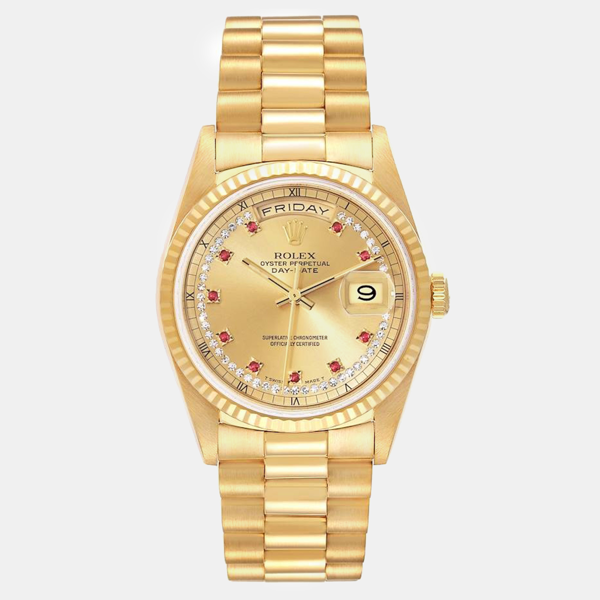 

Rolex President Day-Date Yellow Gold String Diamond Ruby Dial Men's Watch 36.0 mm