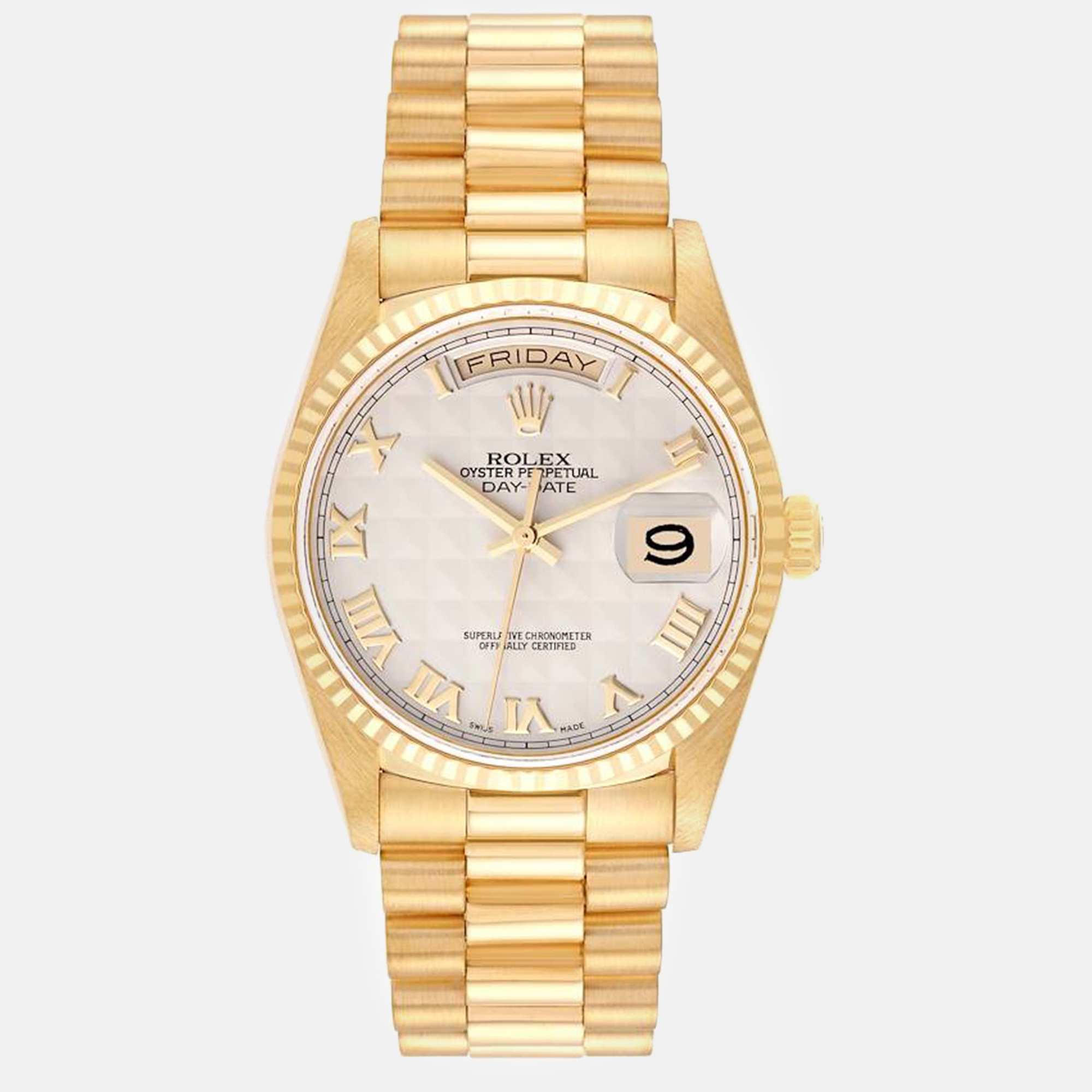 

Rolex President Day-Date Pyramid Dial Yellow Gold Mens Watch 18238, White