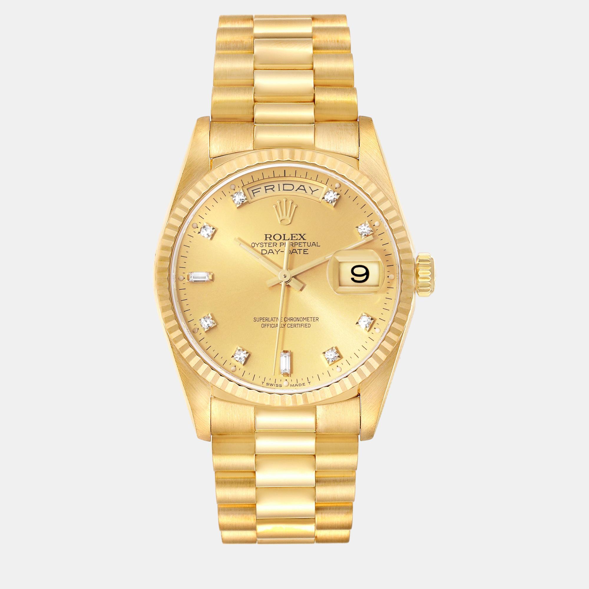 

Rolex President Day-Date Yellow Gold Champagne Diamond Dial Men's Watch 18238 36 mm