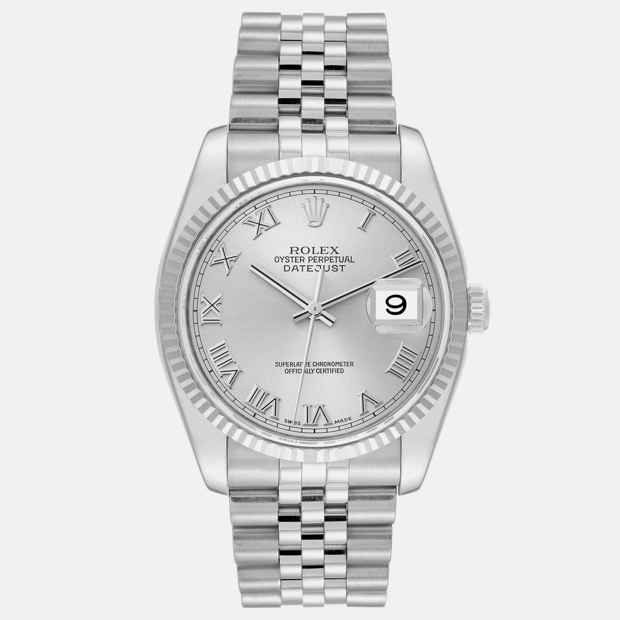 

Rolex Datejust Steel White Gold Silver Roman Dial Men's Watch 36 mm