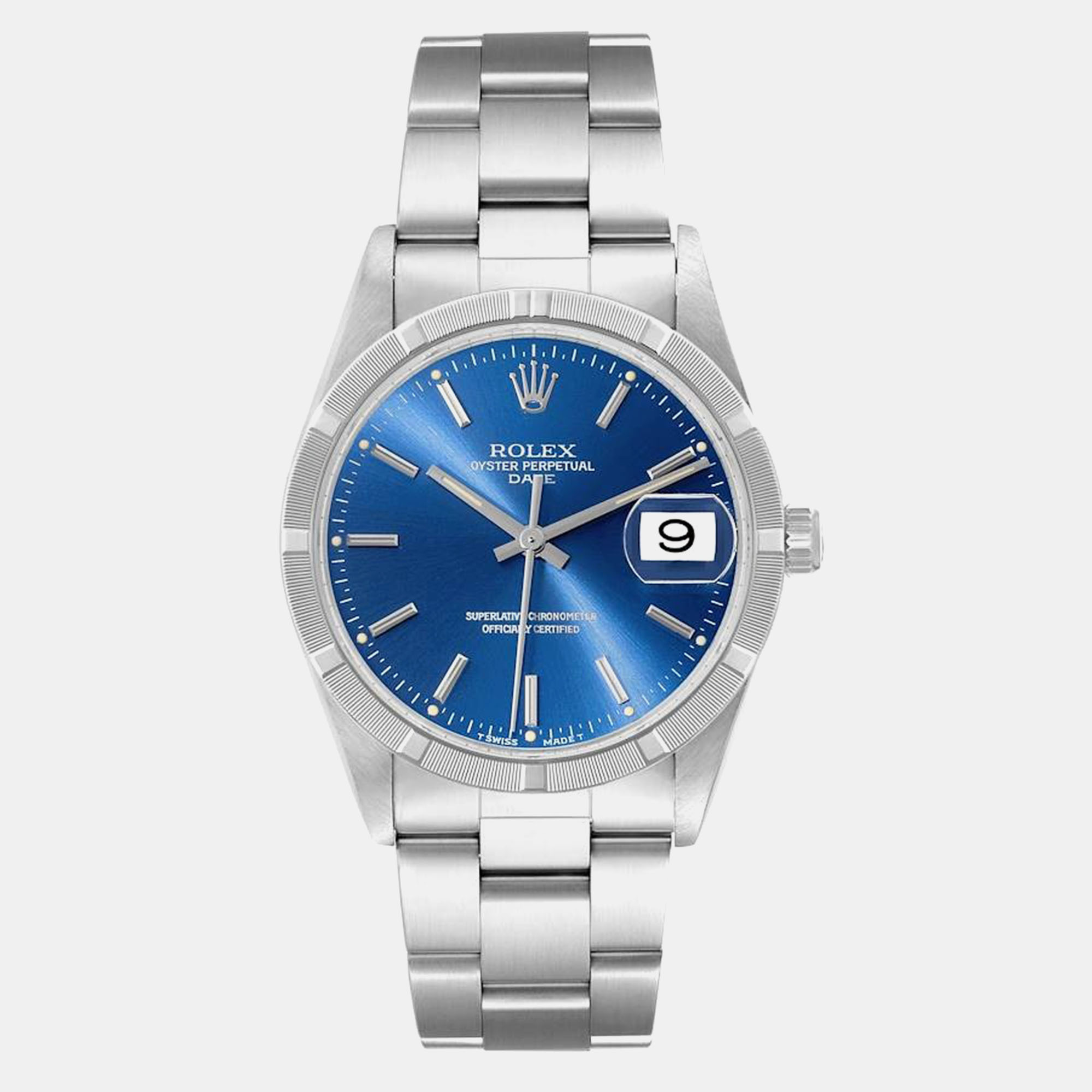 

Rolex Date Blue Dial Engine Turned Bezel Steel Men's Watch 34 mm