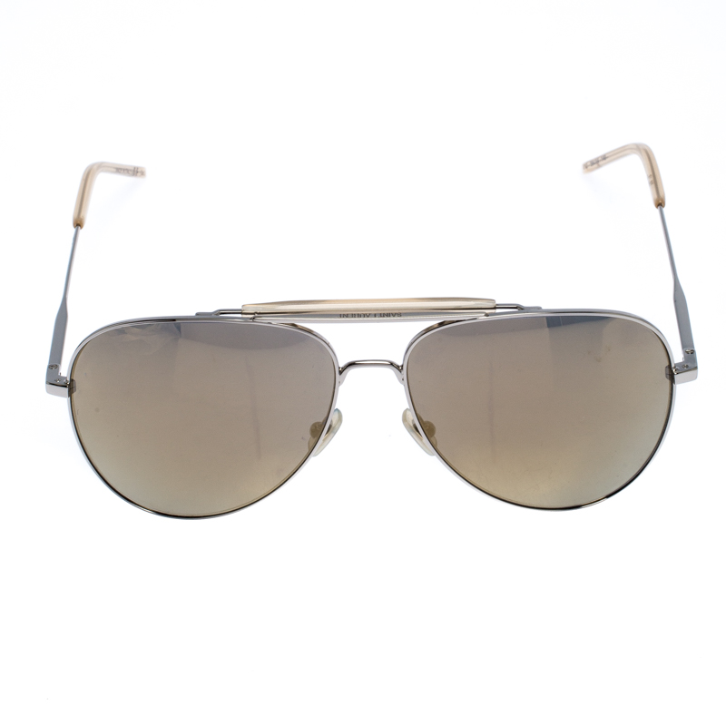 

Saint Laurent Silver/Bronze Mirror Aviator Sunglasses, Beige