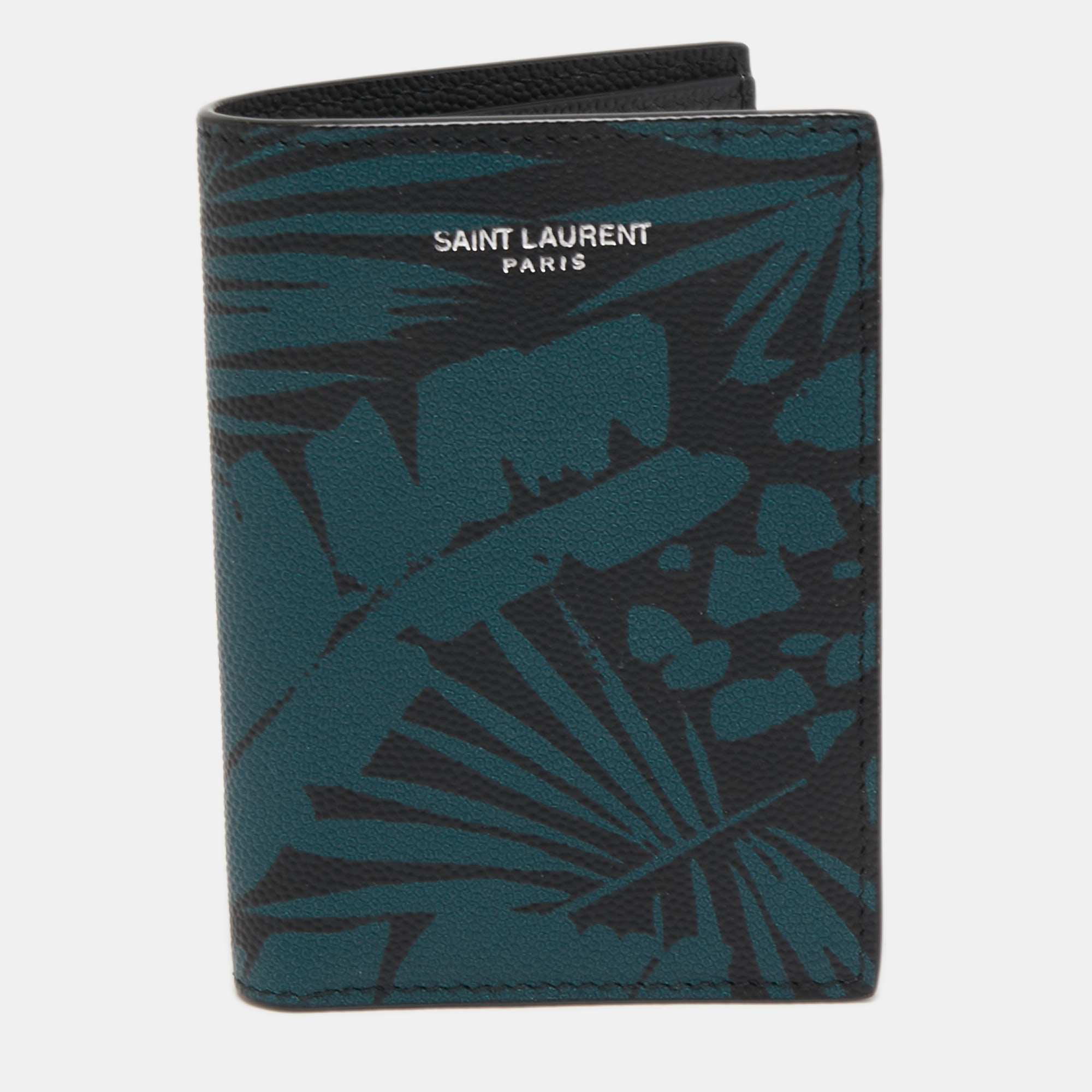 Pre-owned Saint Laurent Green/black Printed Leather Credit Card Wallet