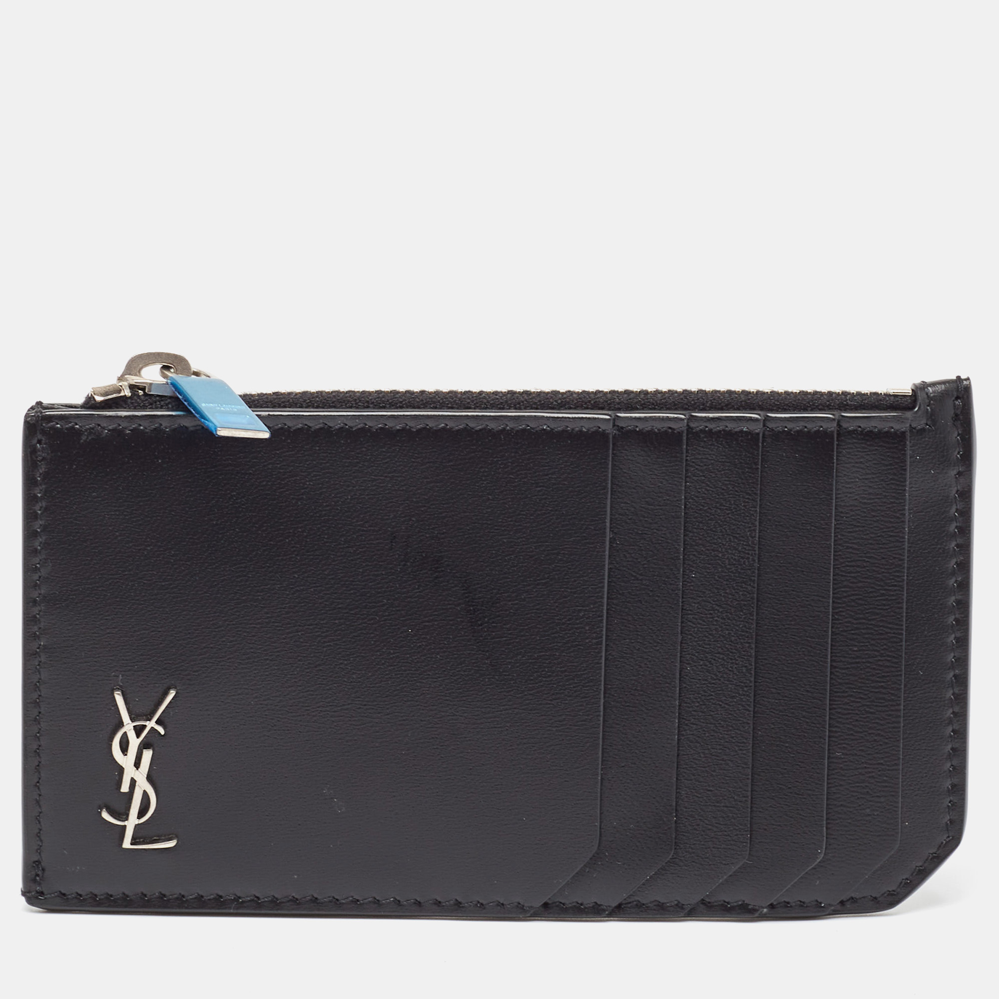 Pre-owned Saint Laurent Black Leather Zip Card Case