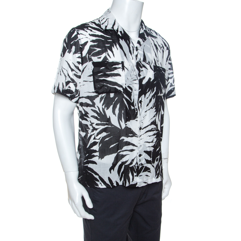 

Saint Laurent Paris Monochrome Palm Print Cotton Short Sleeve Shirt, Black