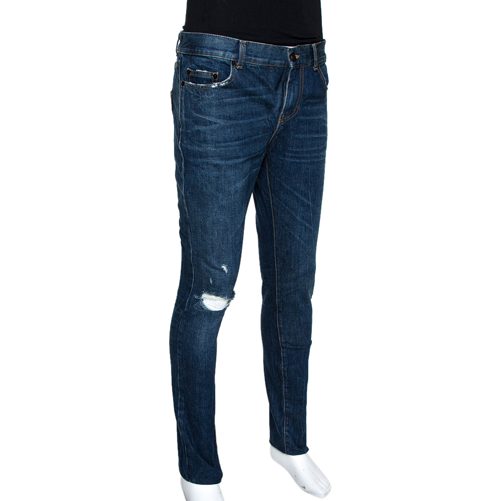 

Saint Laurent Paris Indigo Faded Effect Denim Distressed Skinny Jeans, Blue