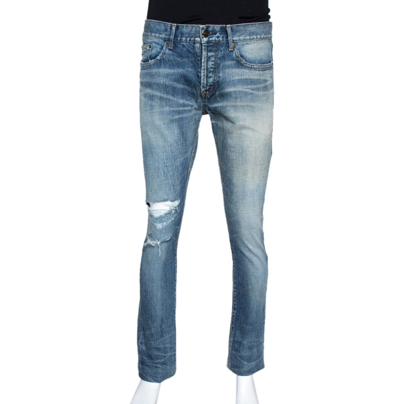 

Saint Laurent Paris Indigo Washed Denim Distressed Slim Fit Jeans, Blue